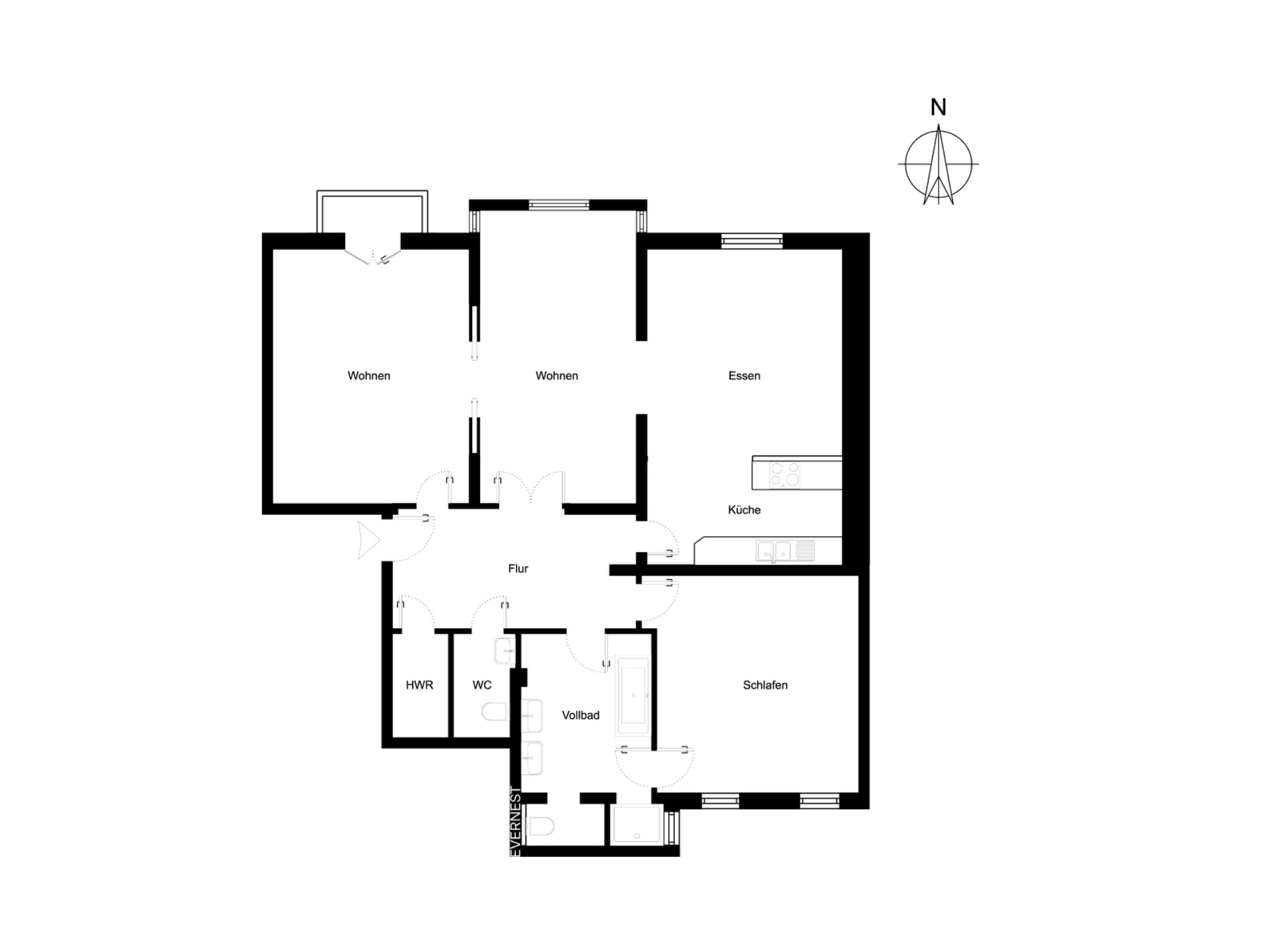 Grundriss einer Wohnung mit Wohnzimmer, Essbereich, Küche, Bad, WC, Flur und Schlafzimmer.