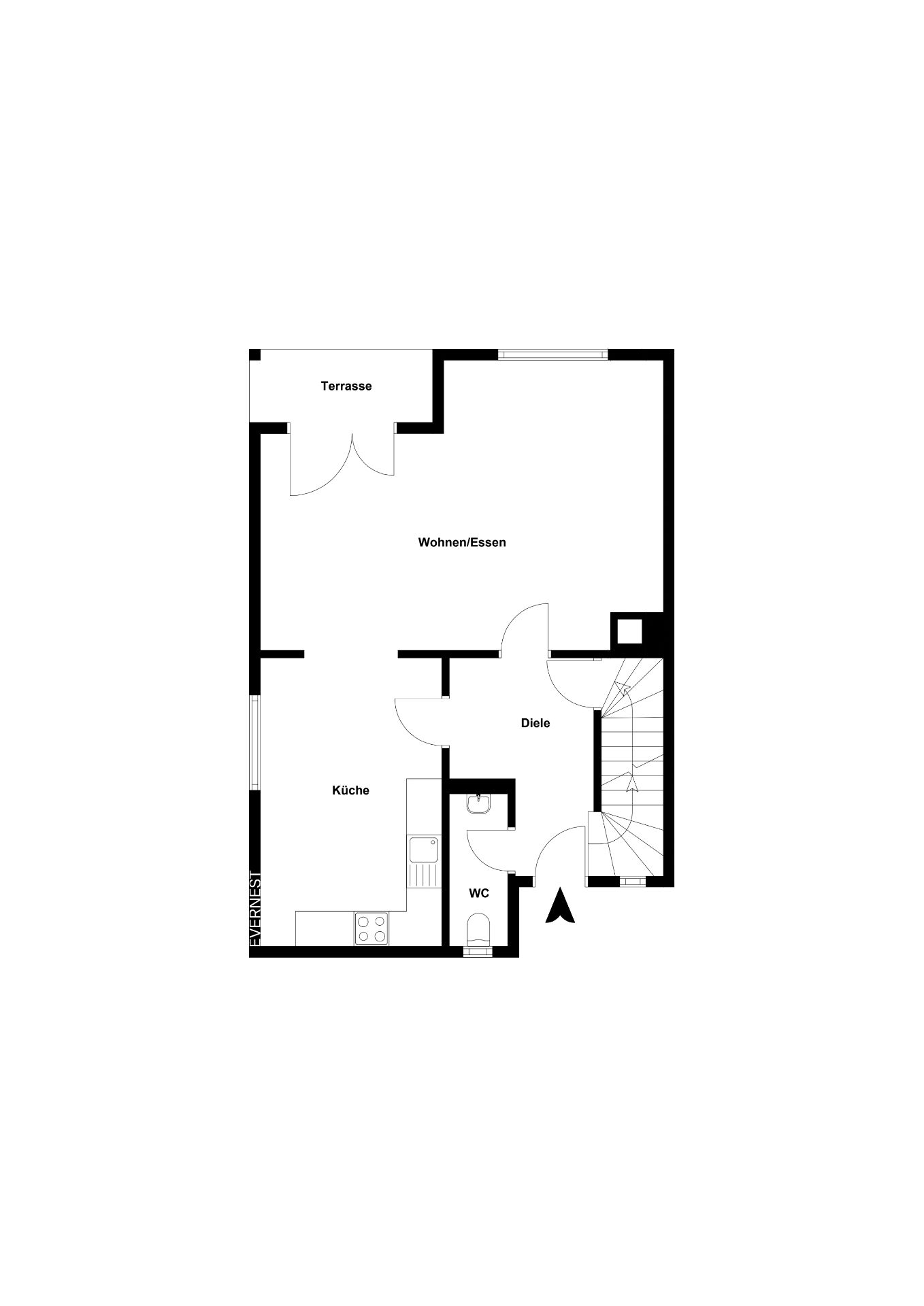 Grundriss eines Wohnhauses mit Küche, WC, Diele, Wohn-/Essbereich und Terrasse.