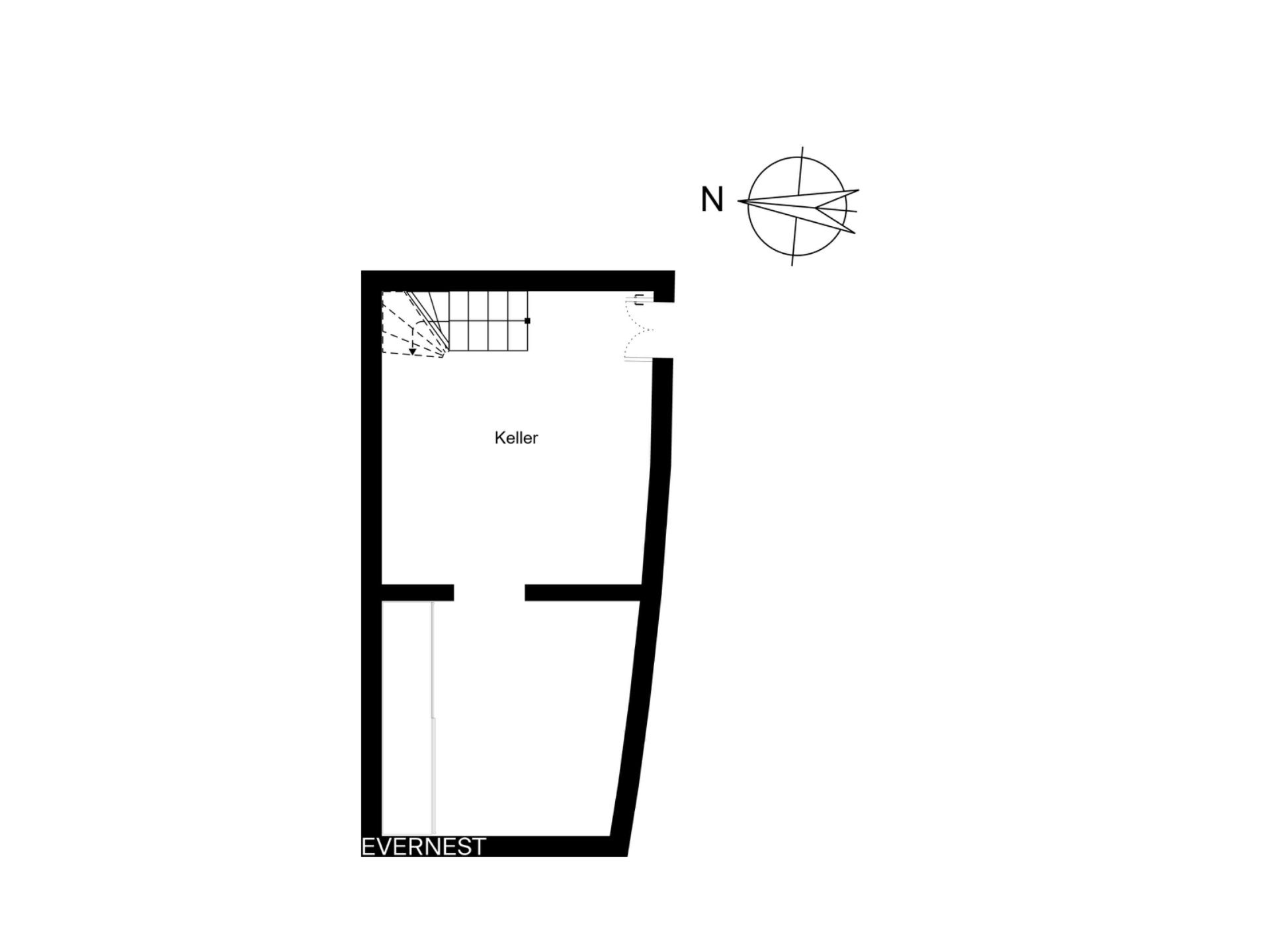 Grundriss eines Kellers mit Treppe und zwei abgetrennten Bereichen.