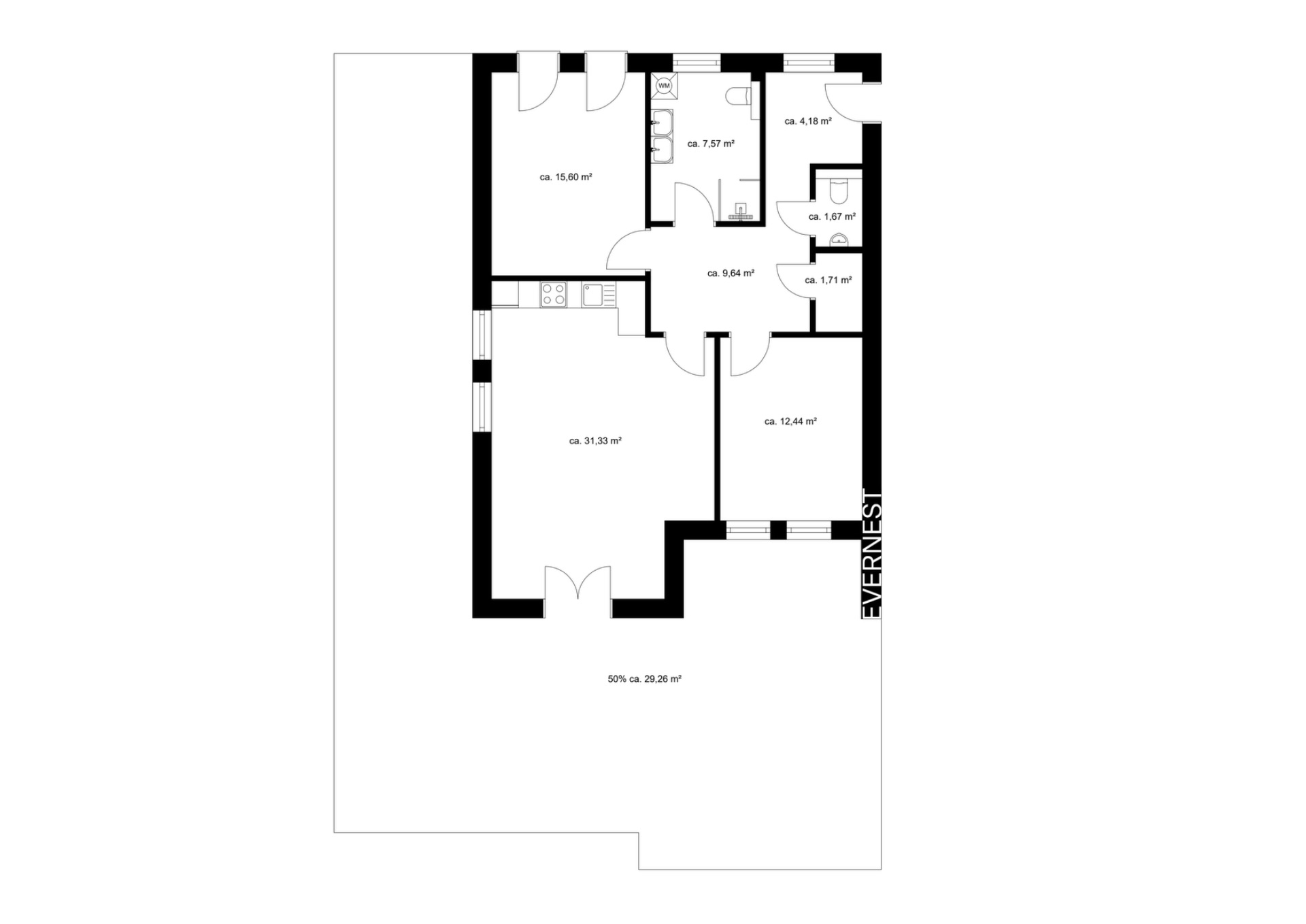 Schwarz-weißer Grundriss einer Wohnung mit mehreren Zimmern, Türen und Flächenangaben.