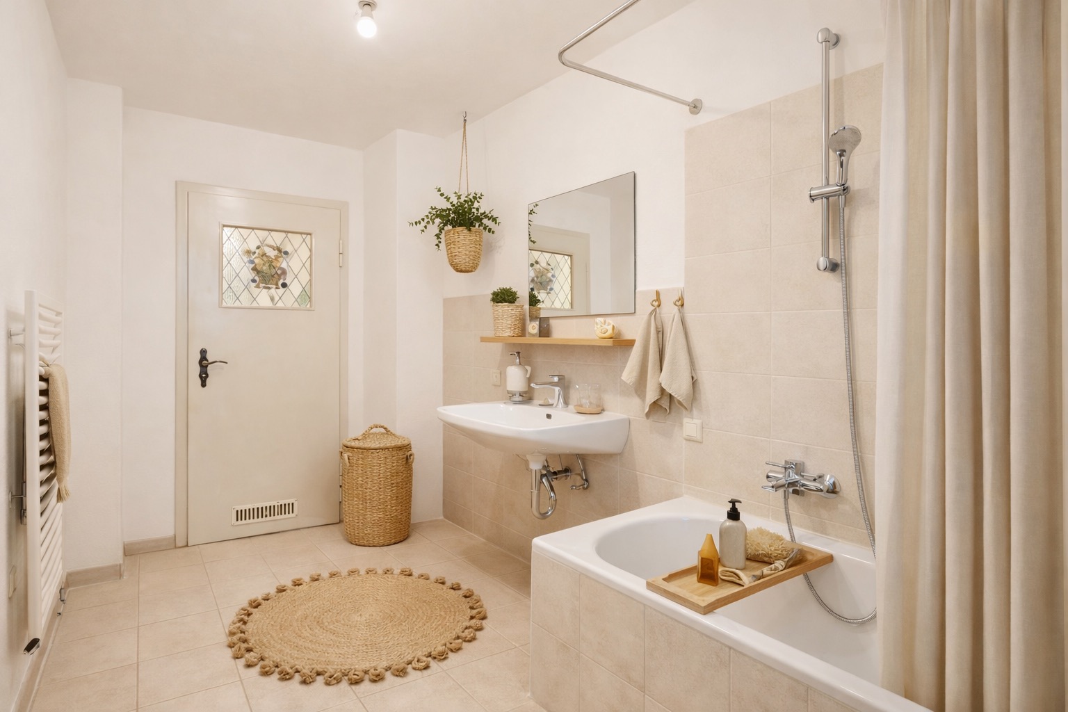 Helles Badezimmer mit Badewanne, Waschbecken, rundem Teppich und Pflanzen.