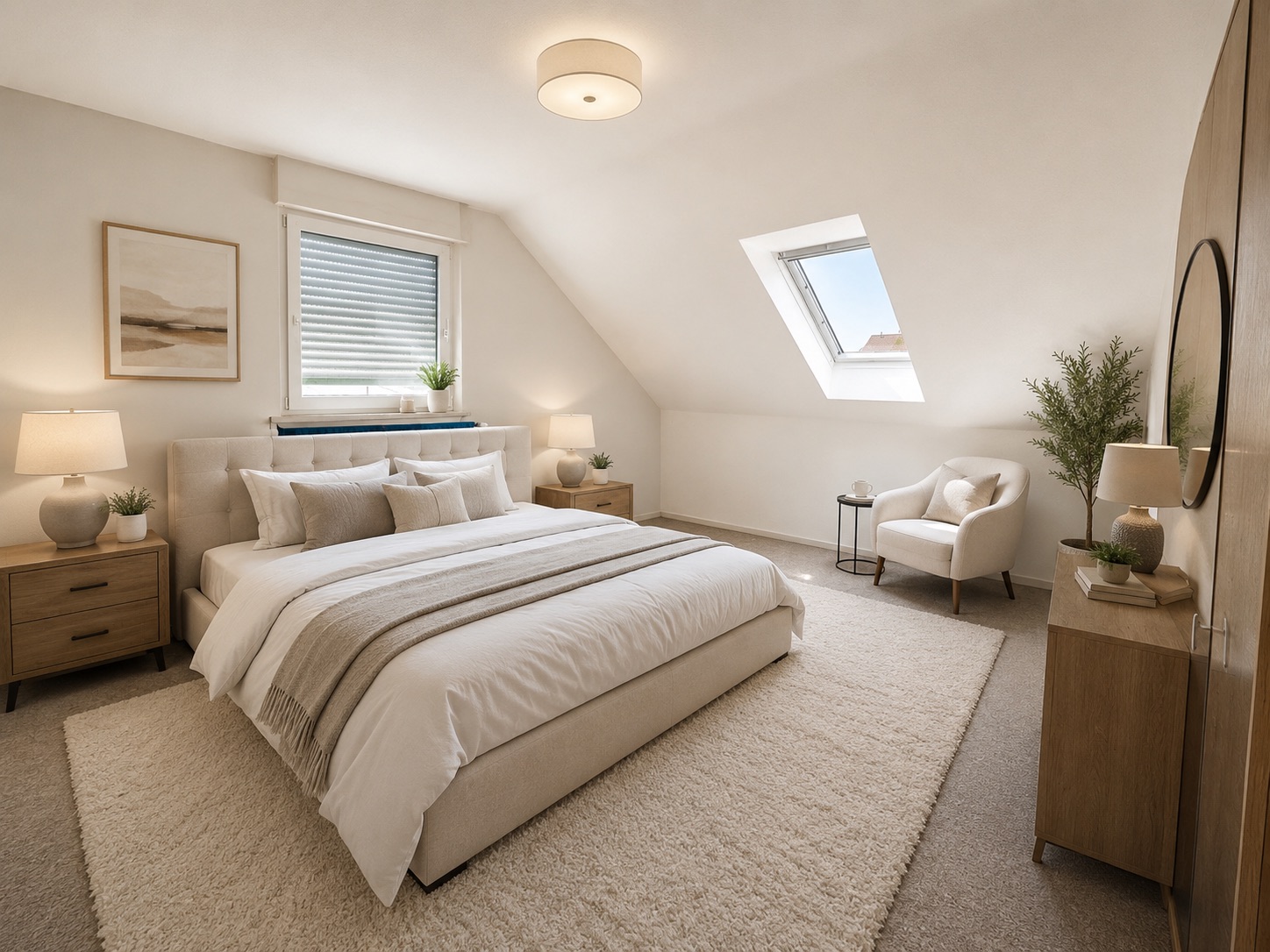 Helles Schlafzimmer mit Doppelbett, Nachttischen, Sessel, Pflanzen und Dachfenster.