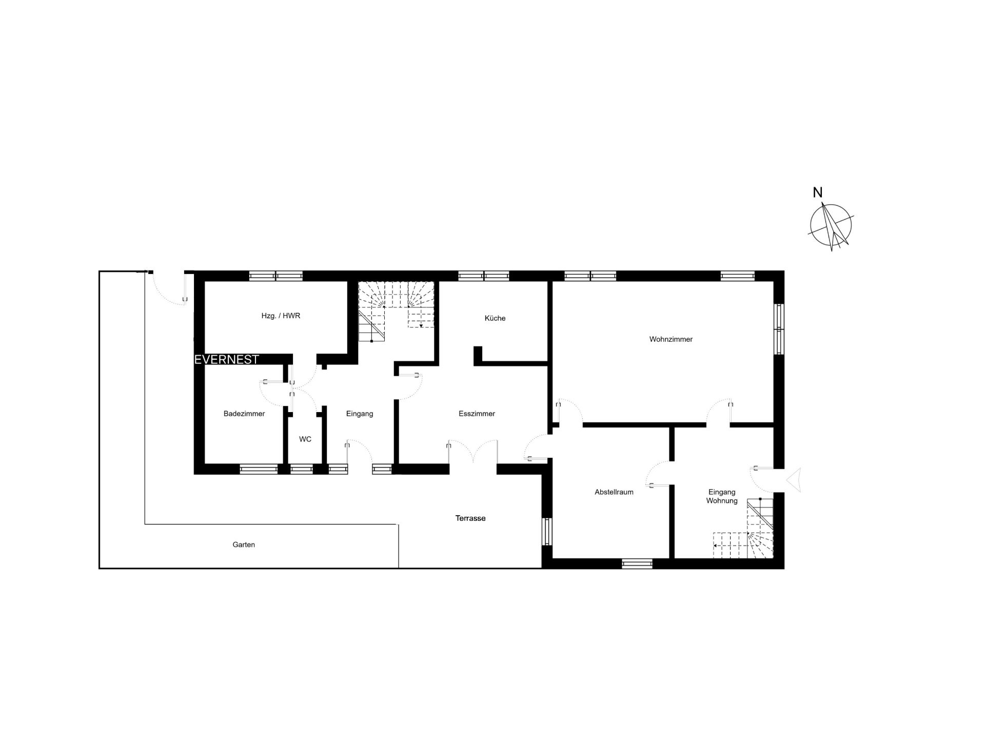 Grundriss eines Wohnhauses mit Garten, Terrasse, Wohnzimmer, Küche und mehreren weiteren Zimmern.