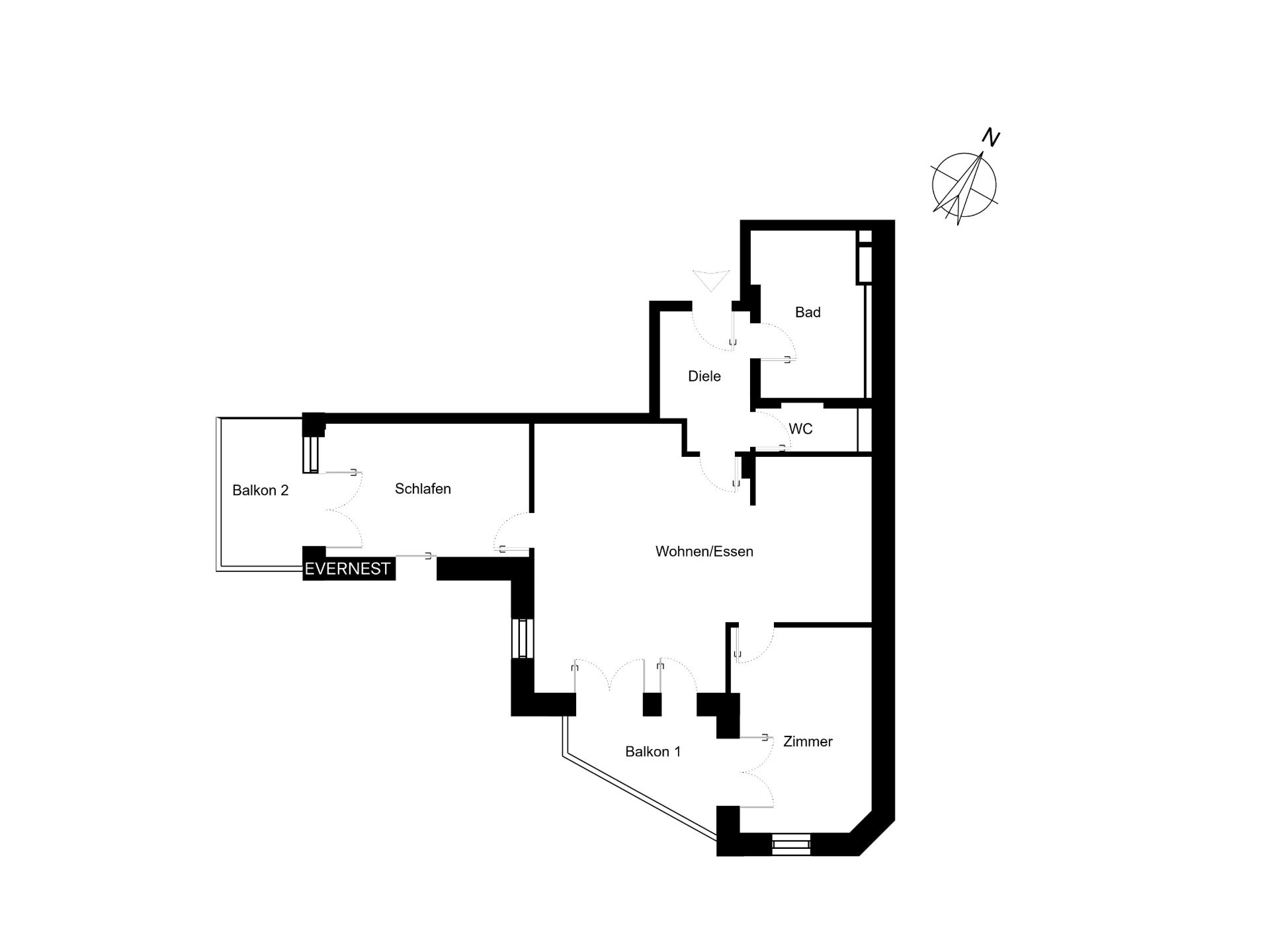Grundriss einer Wohnung mit zwei Balkonen, Schlafzimmer, Bad, WC, Zimmer und Wohnbereich.