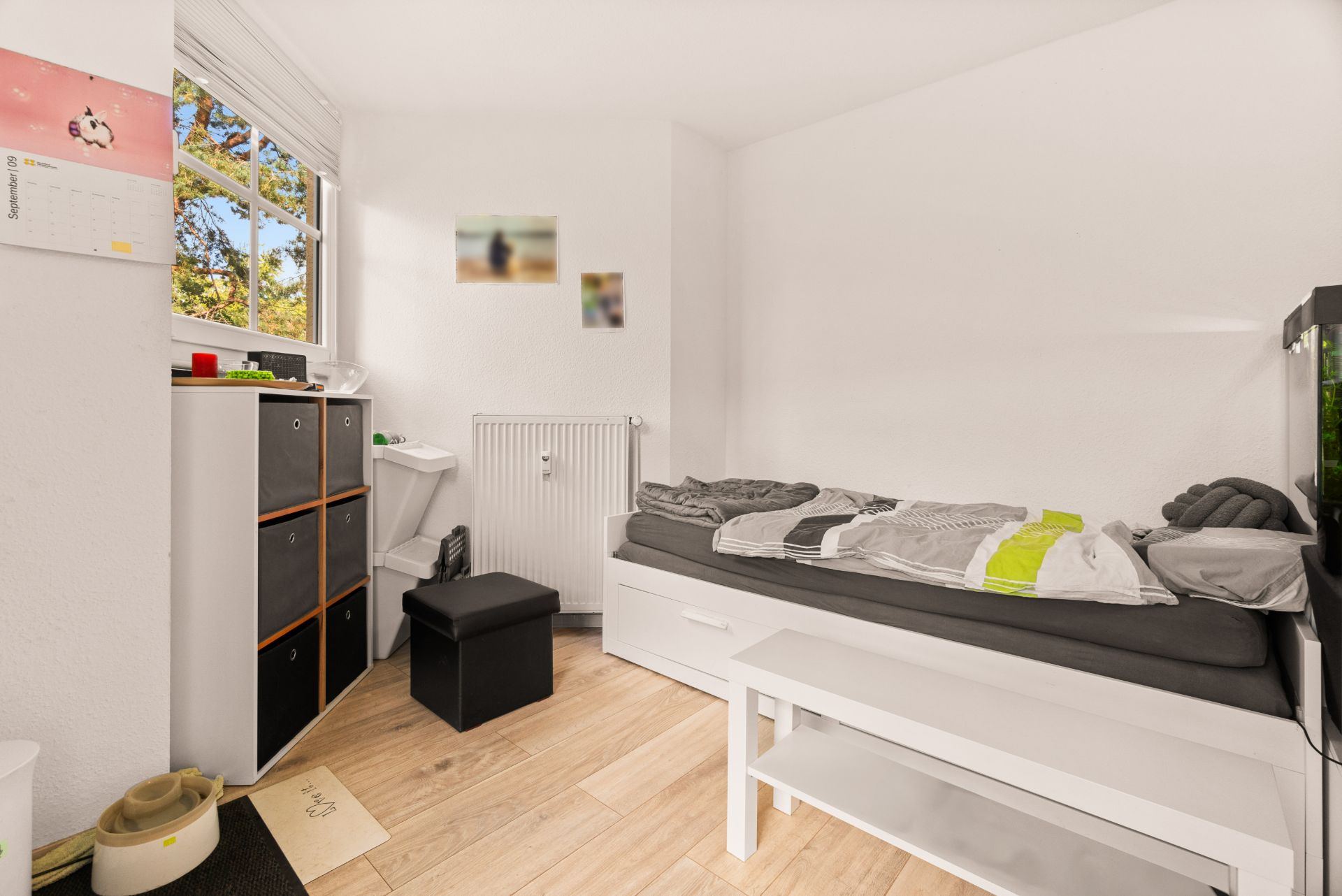 Kleines Schlafzimmer mit Einzelbett, Regal, Fenster und hellem Holzboden.