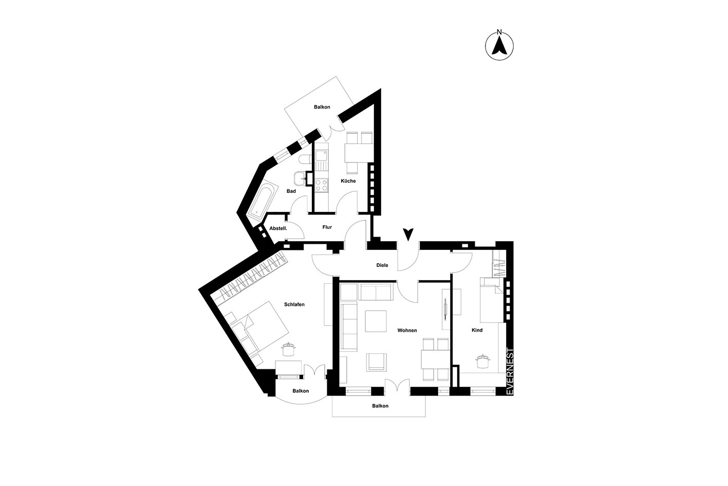 Grundriss einer Wohnung mit Schlafzimmer, Wohnzimmer, Kinderzimmer, Bad, Küche und drei Balkonen.