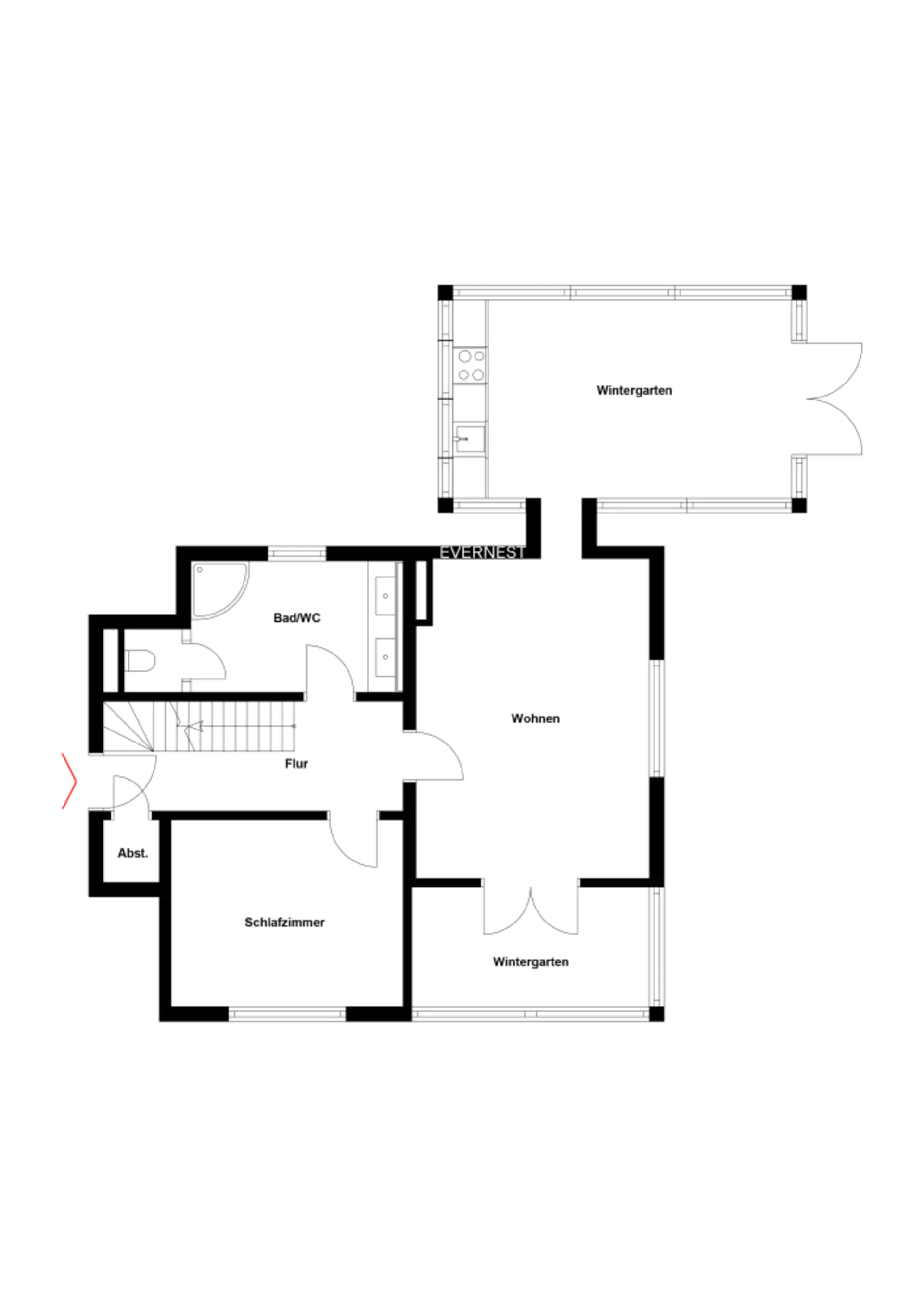 Grundriss mit Wohnzimmer, Schlafzimmer, Bad/WC, Flur, Abstellraum, Küche und zwei Wintergärten.