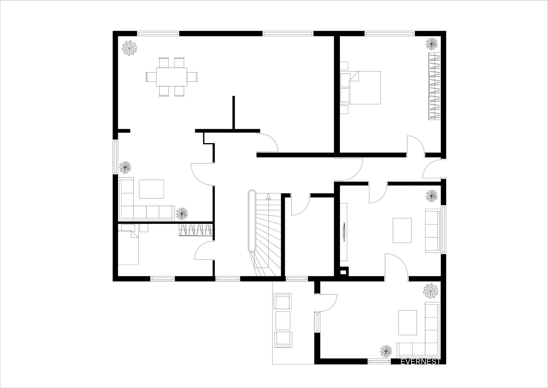 Schwarz-weißer Grundriss eines Wohnhauses mit mehreren Zimmern und Möbeln.