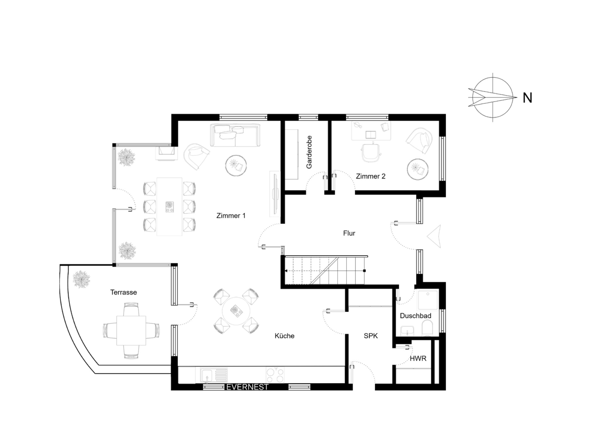 Grundriss mit zwei Zimmern, Küche, Duschbad, HWR, Terrasse und Flur.
