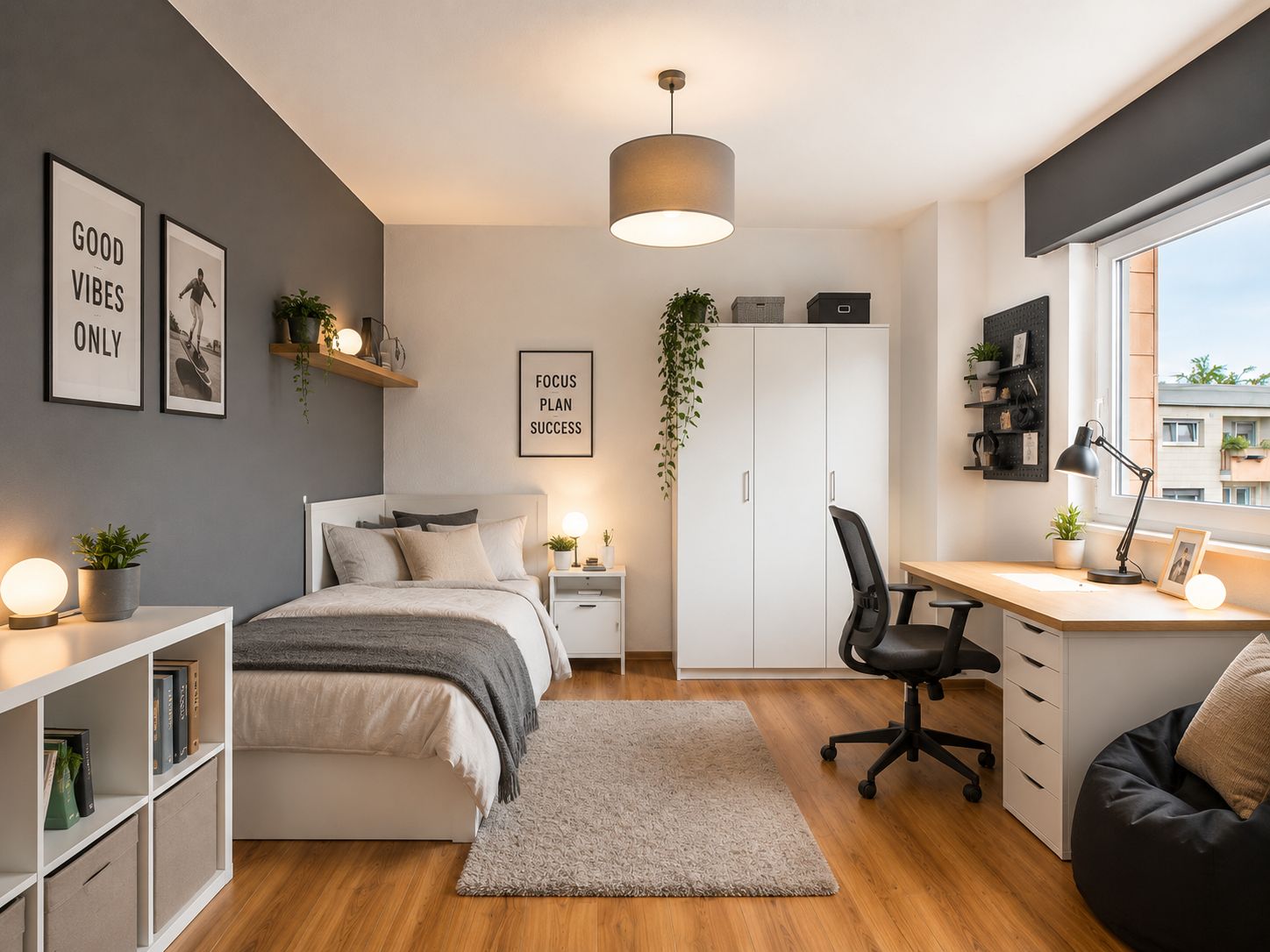 Modernes Schlafzimmer mit Bett, Schreibtisch, Kleiderschrank und großem Fenster.
