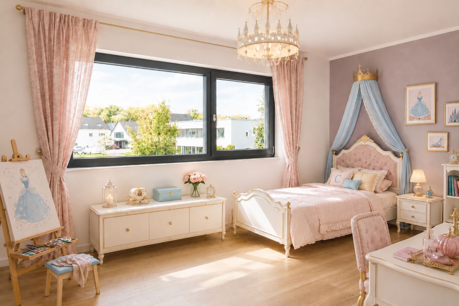 Helles Kinderzimmer mit Bett, großem Fenster, rosa Vorhängen und einem Kronleuchter.
