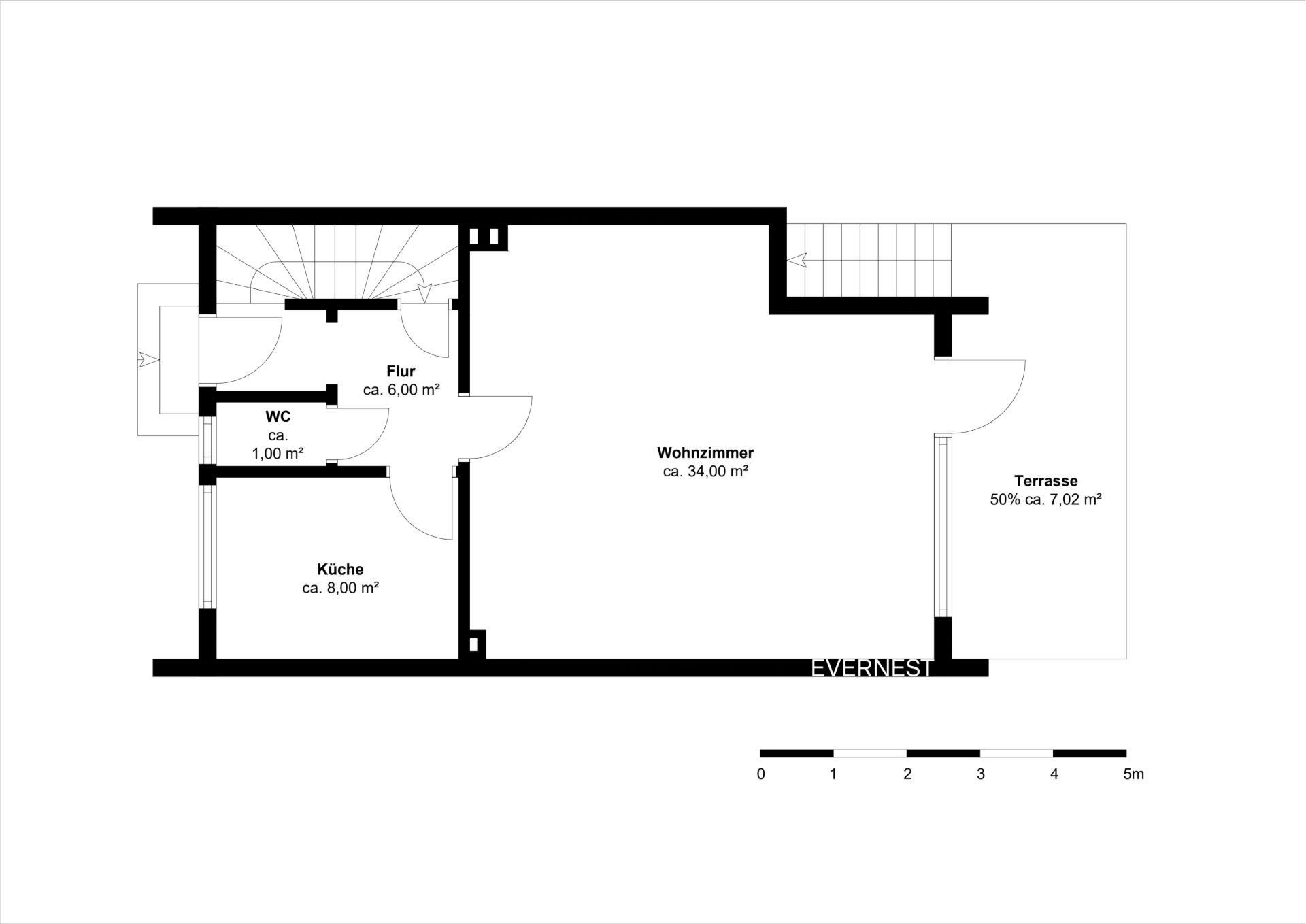 Grundriss mit Wohnzimmer, Küche, WC, Flur und Terrasse, Flächen in Quadratmetern angegeben.