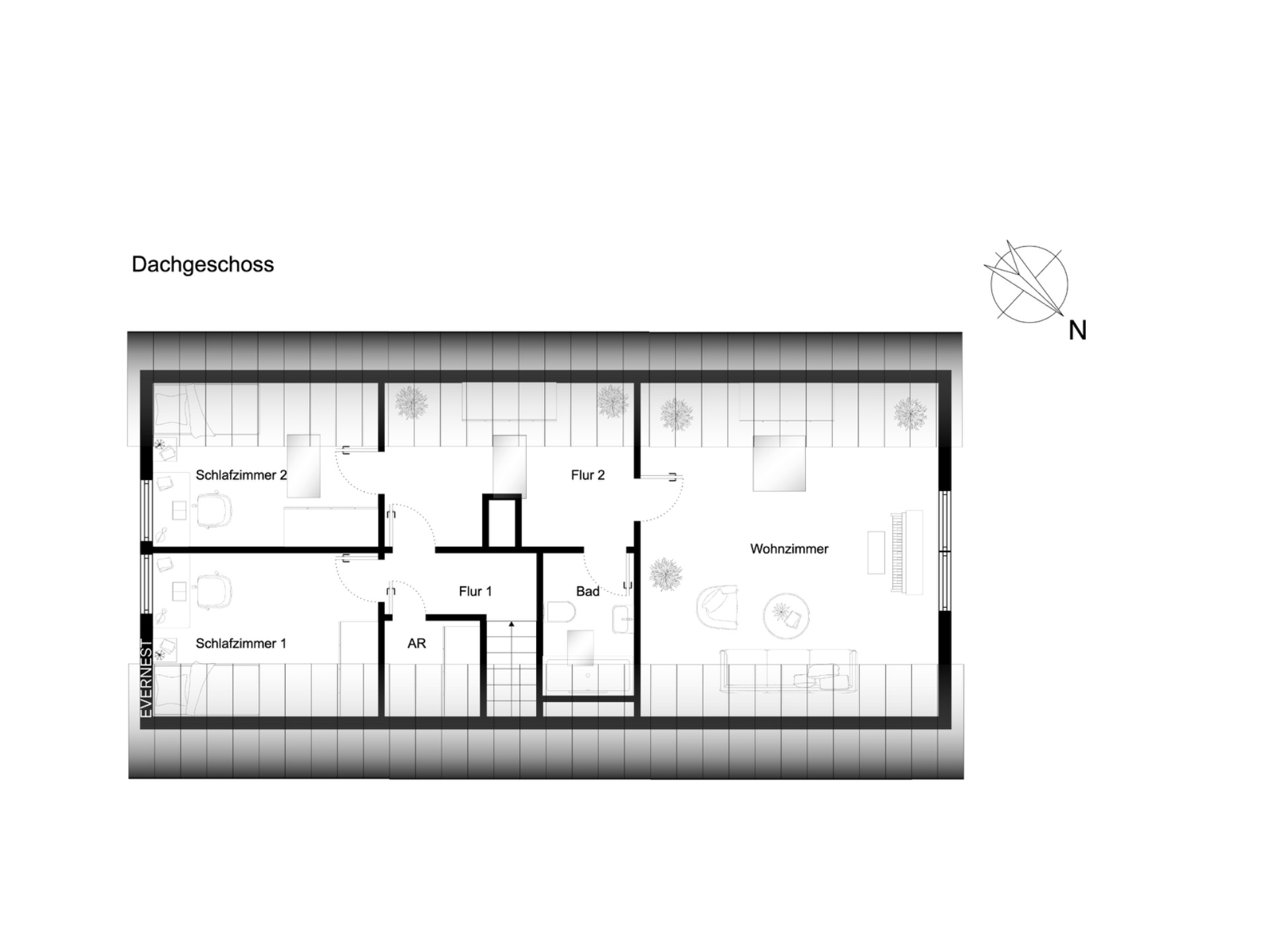 Grundriss eines Dachgeschosses mit zwei Schlafzimmern, Wohnzimmer, Bad und Fluren.