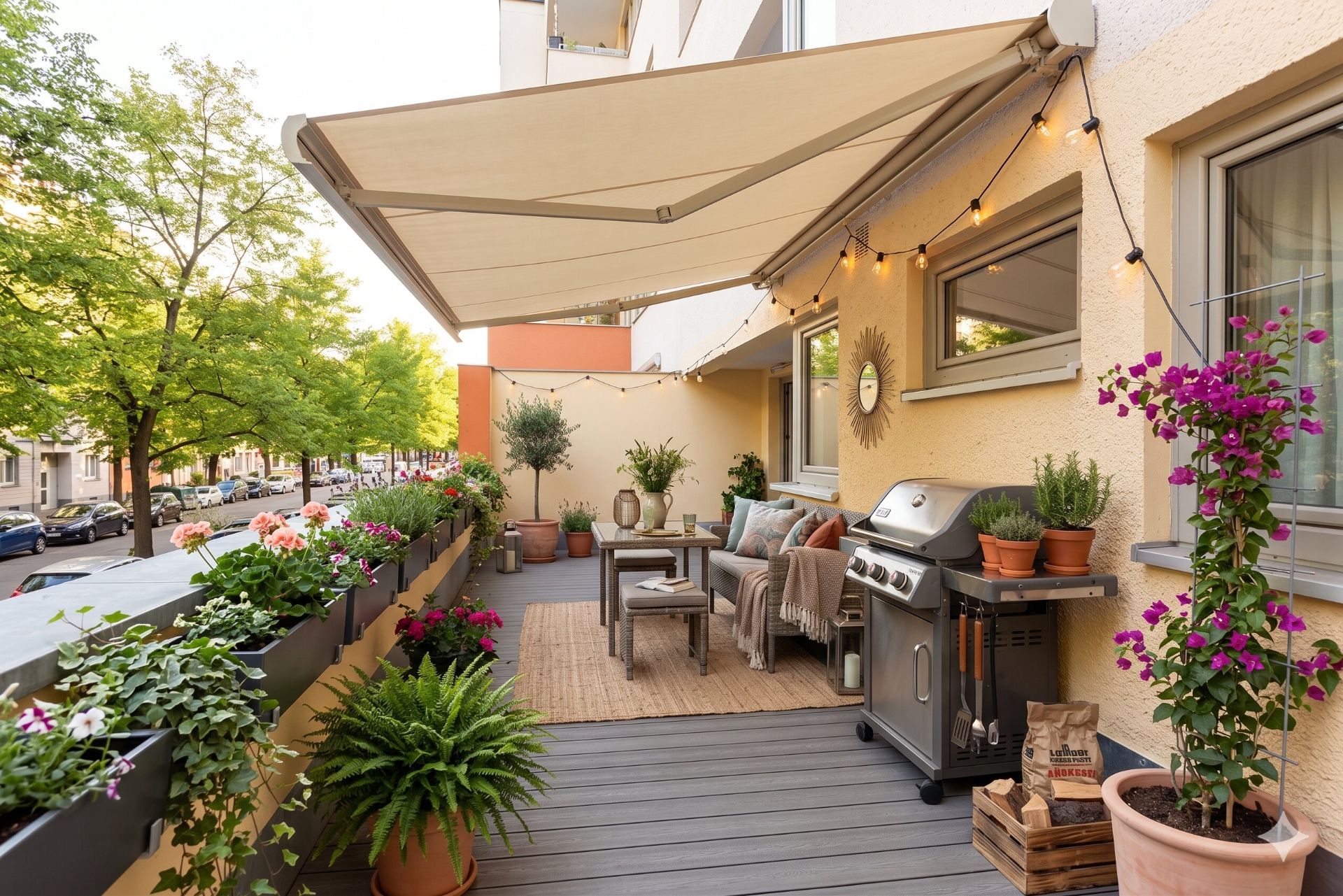 Großer Balkon mit Markise, Pflanzkübeln, Grill, Sitzbereich und Lichterkette.