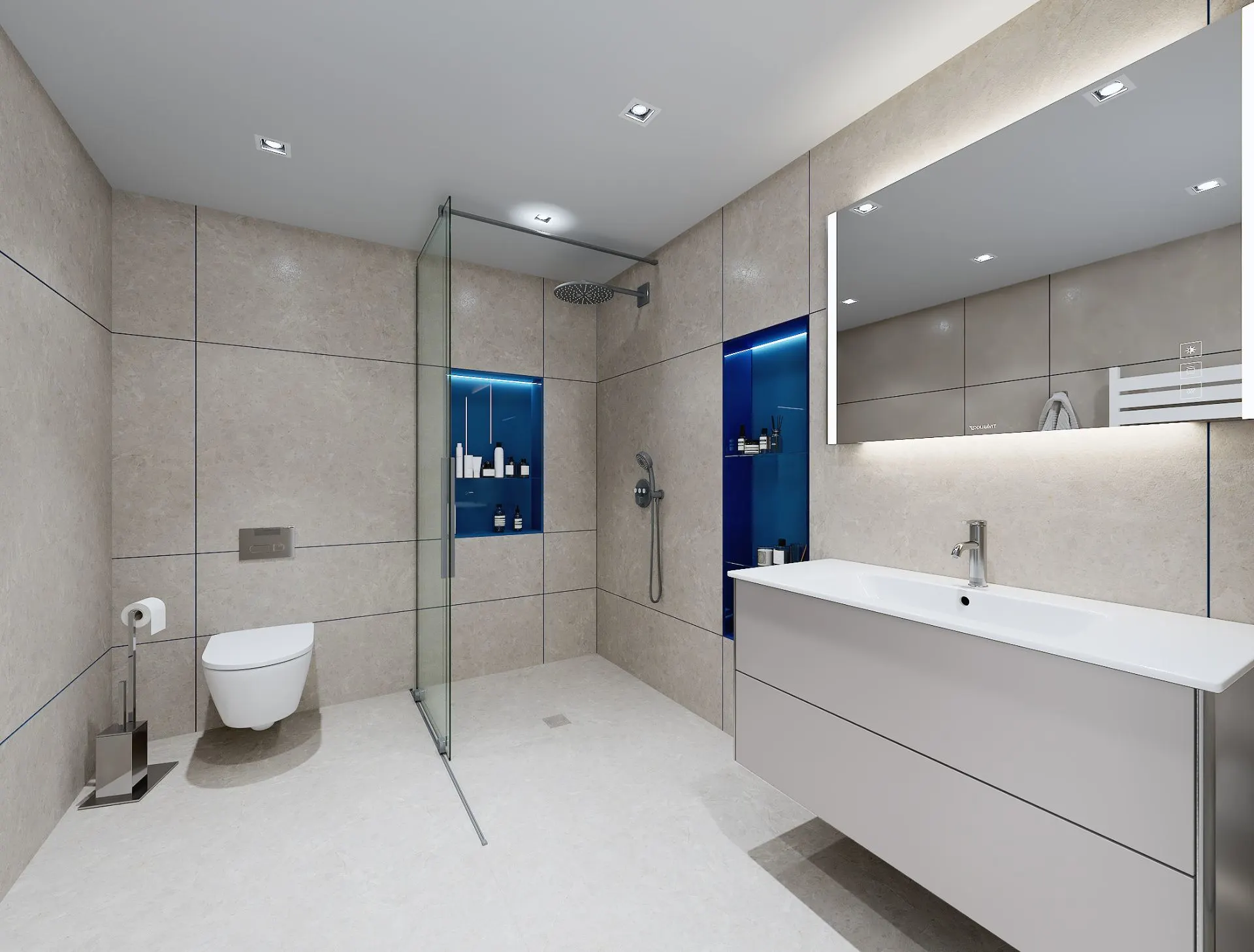Modernes Badezimmer mit wandhängender Toilette, Dusche, großem Waschbecken und beleuchtetem Spiegel.
