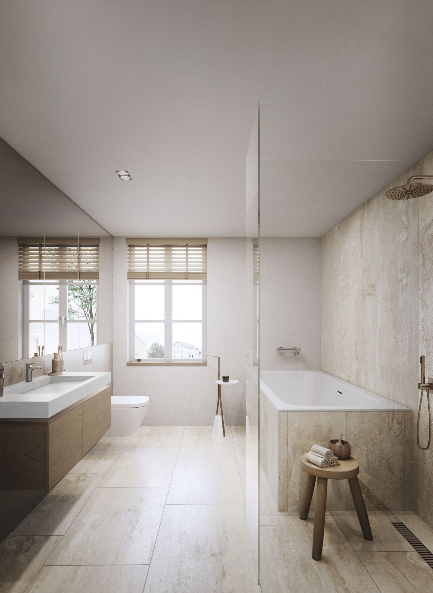 Modernes Badezimmer mit Badewanne, Doppelwaschbecken und Fenster mit Jalousien.