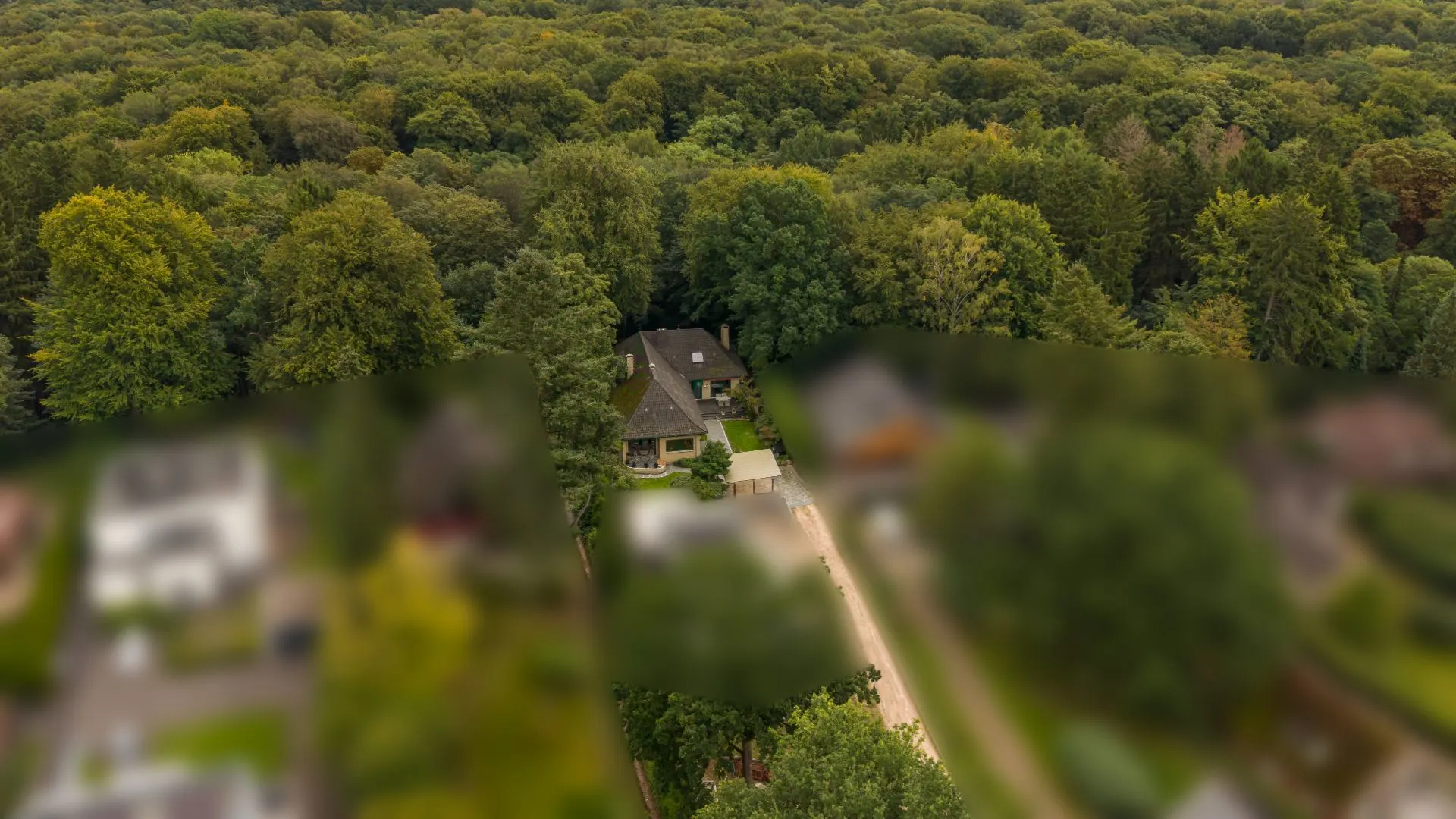 Luftaufnahme eines Hauses am Waldrand mit Zufahrtsweg und umliegenden Bäumen.