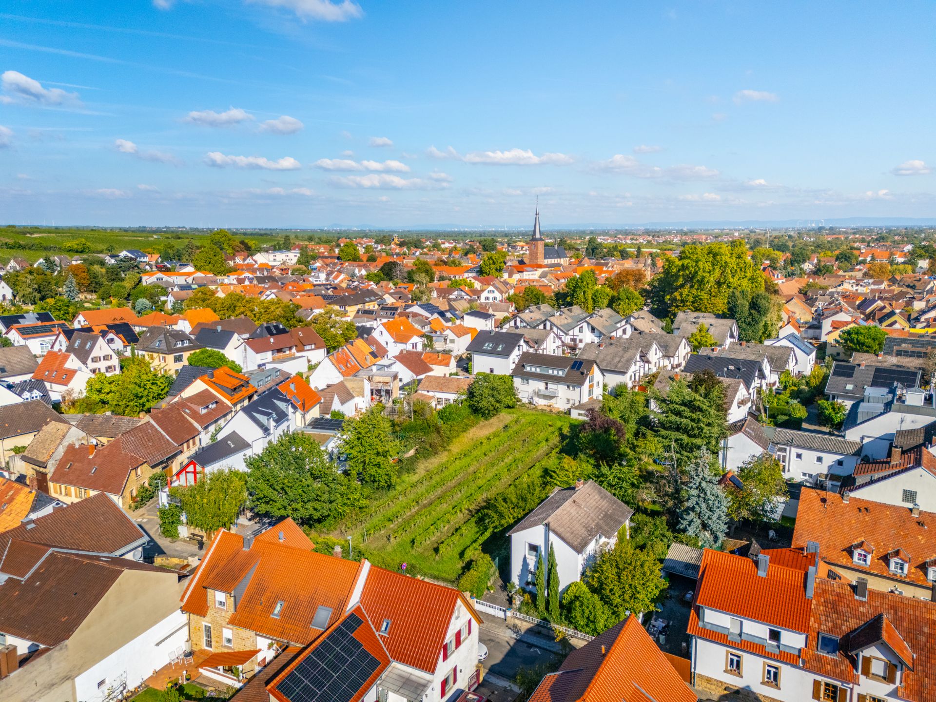Luftaufnahme einer Wohnsiedlung mit vielen Häusern und grünen Gärten.
