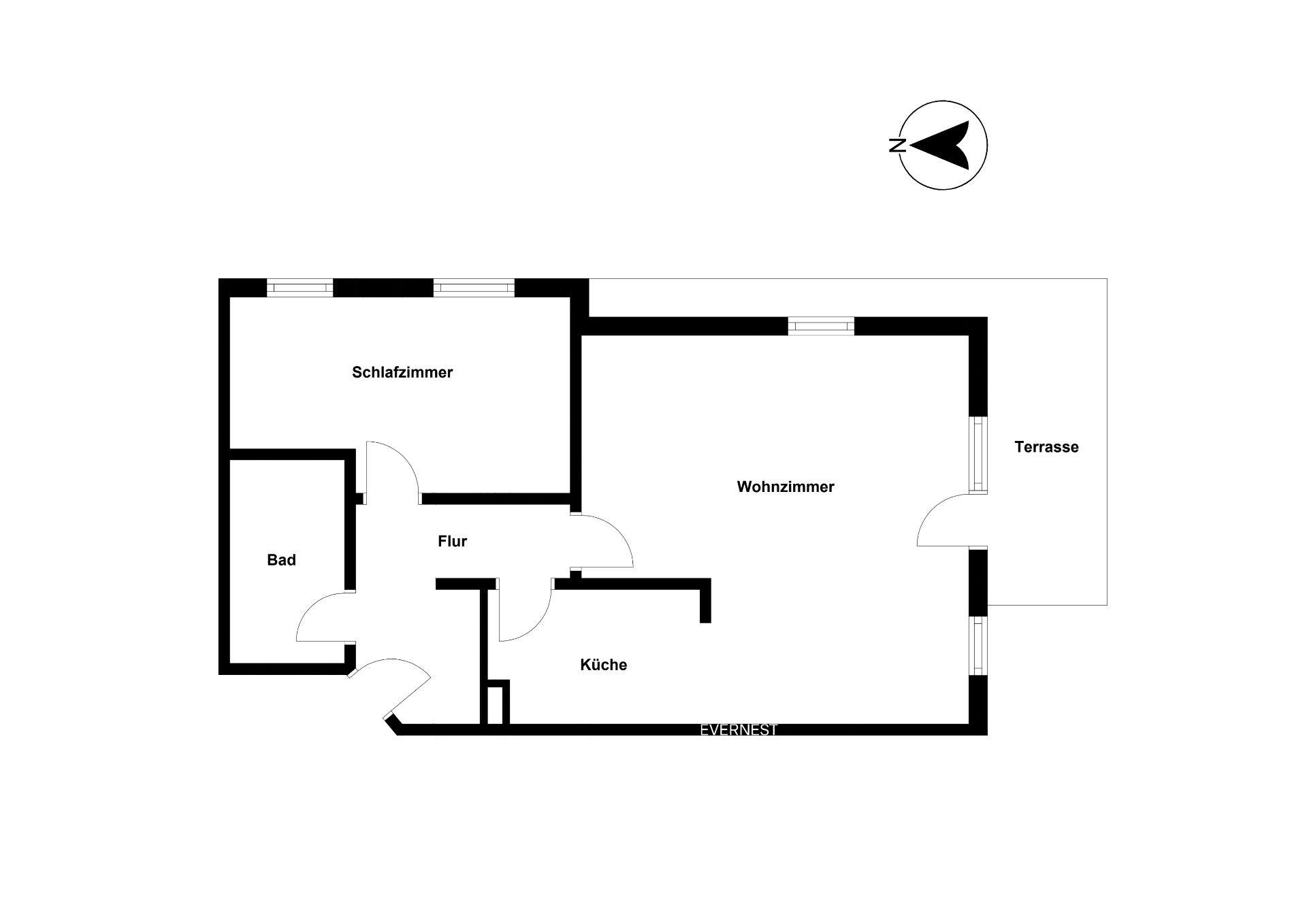 Grundriss einer Wohnung mit Schlafzimmer, Bad, Flur, Küche, Wohnzimmer und Terrasse.