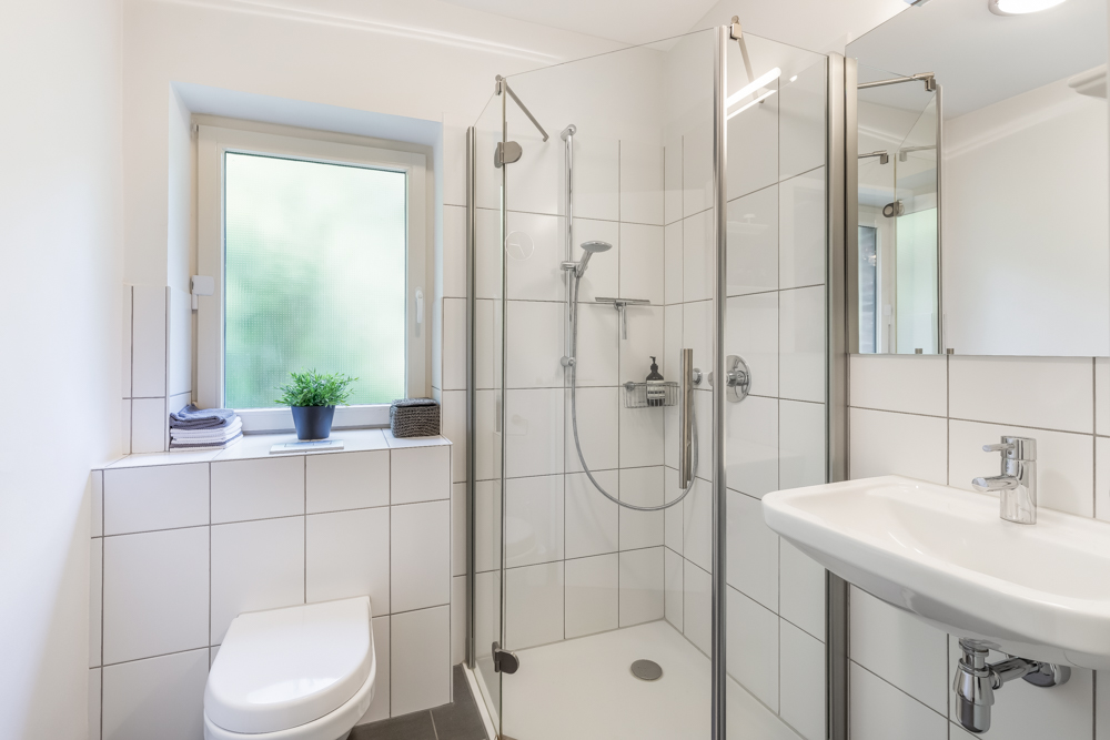 Modernes Badezimmer mit Dusche, WC, Waschbecken und Fenster mit Pflanze auf der Fensterbank.