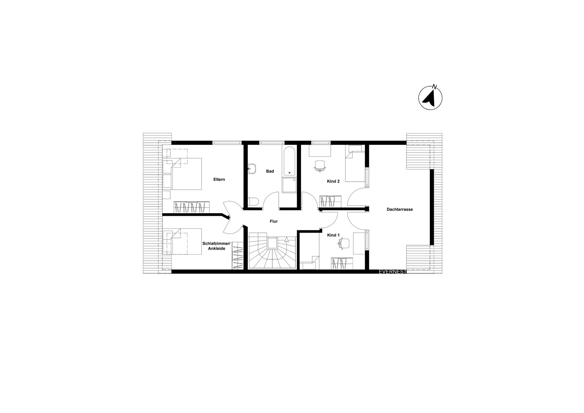 Grundriss mit Schlafzimmer, zwei Kinderzimmern, Bad, Ankleide und Dachterrasse.