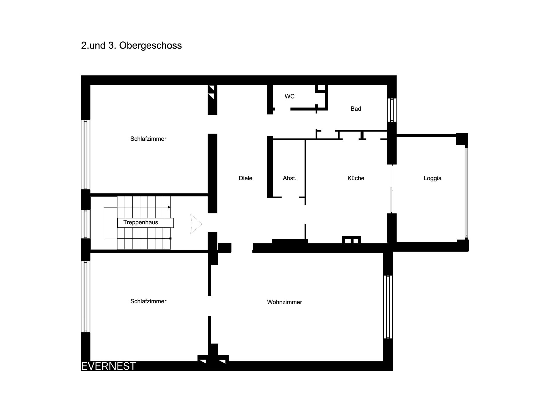 Grundriss einer Wohnung mit Wohnzimmer, zwei Schlafzimmern, Küche, Bad, WC und Loggia.