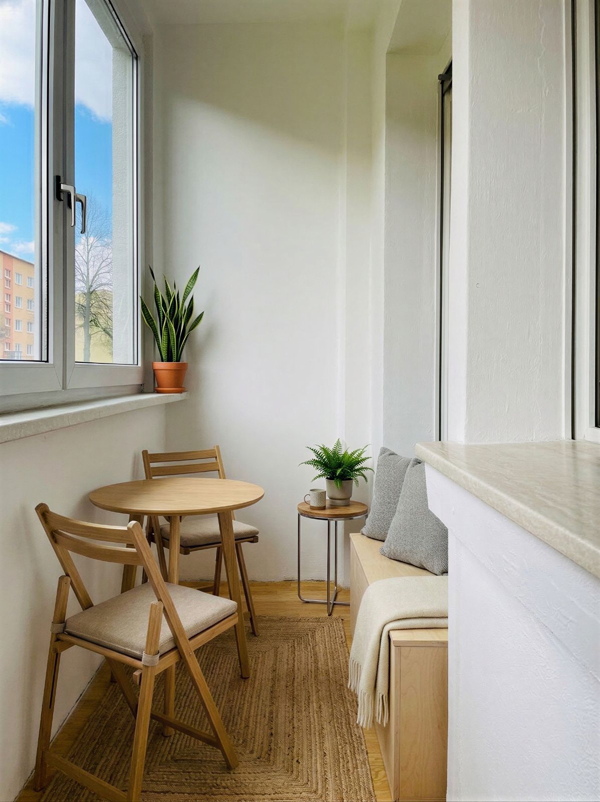 Heller Balkon mit Holztisch, zwei Stühlen, Bank, Teppich und Topfpflanzen.