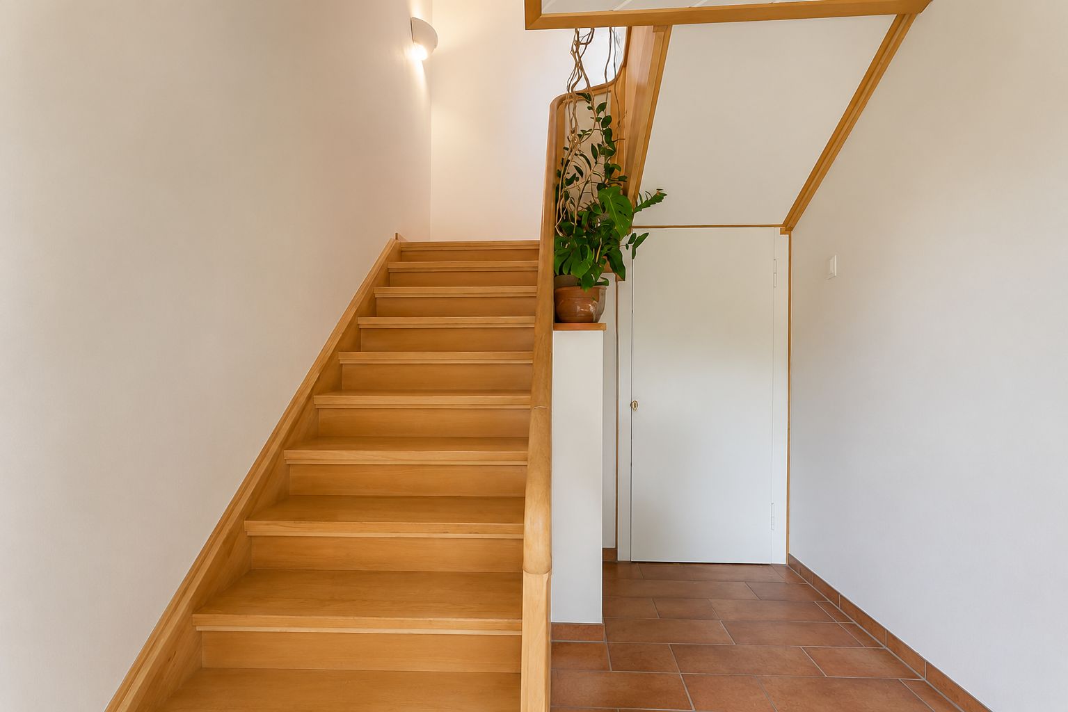 Holztreppe mit Pflanzen im Flur eines Wohnhauses, Tür unter der Treppe, Fliesenboden.