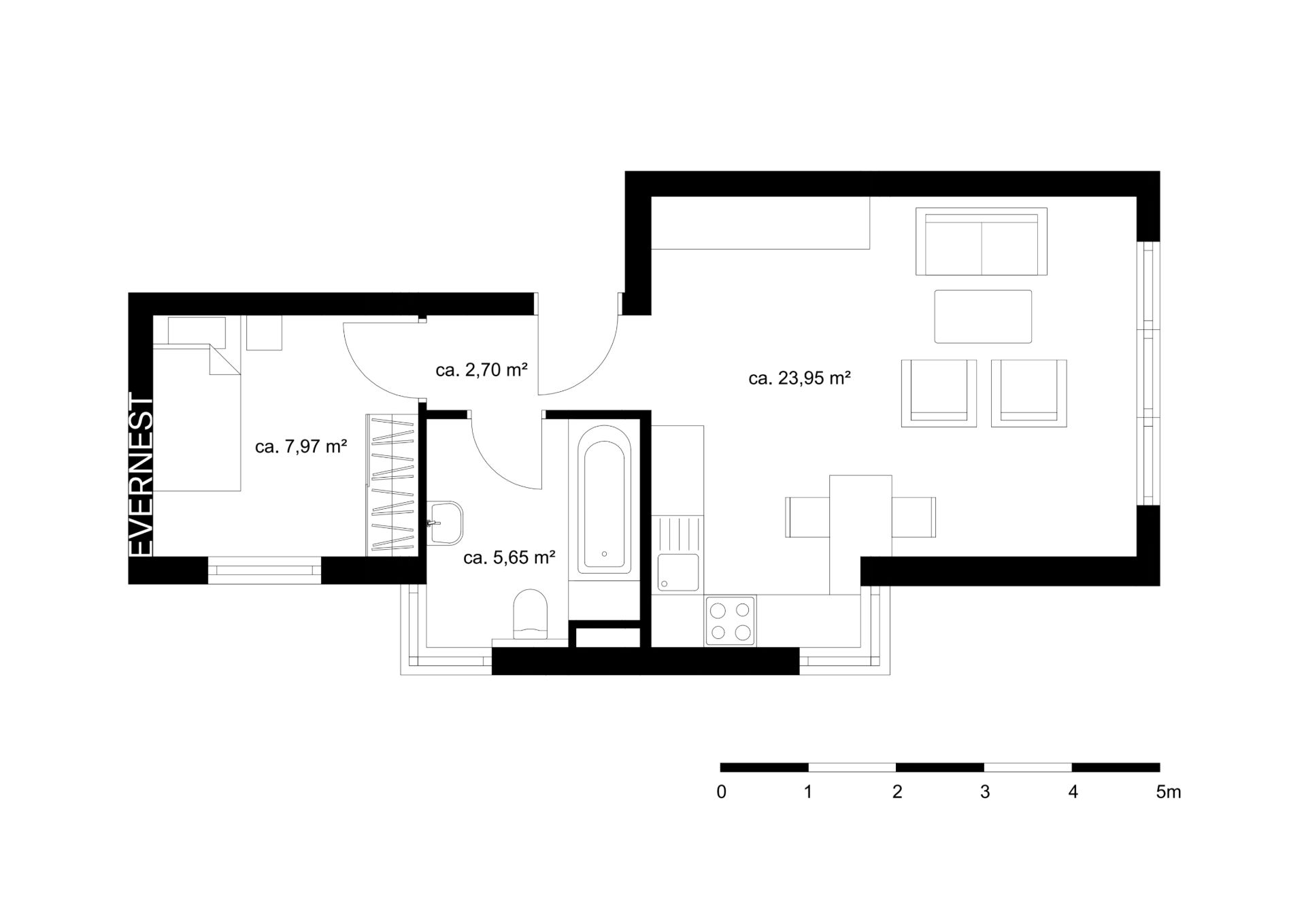 Grundriss einer Wohnung mit Wohnzimmer, Küche, Bad und Schlafzimmer.