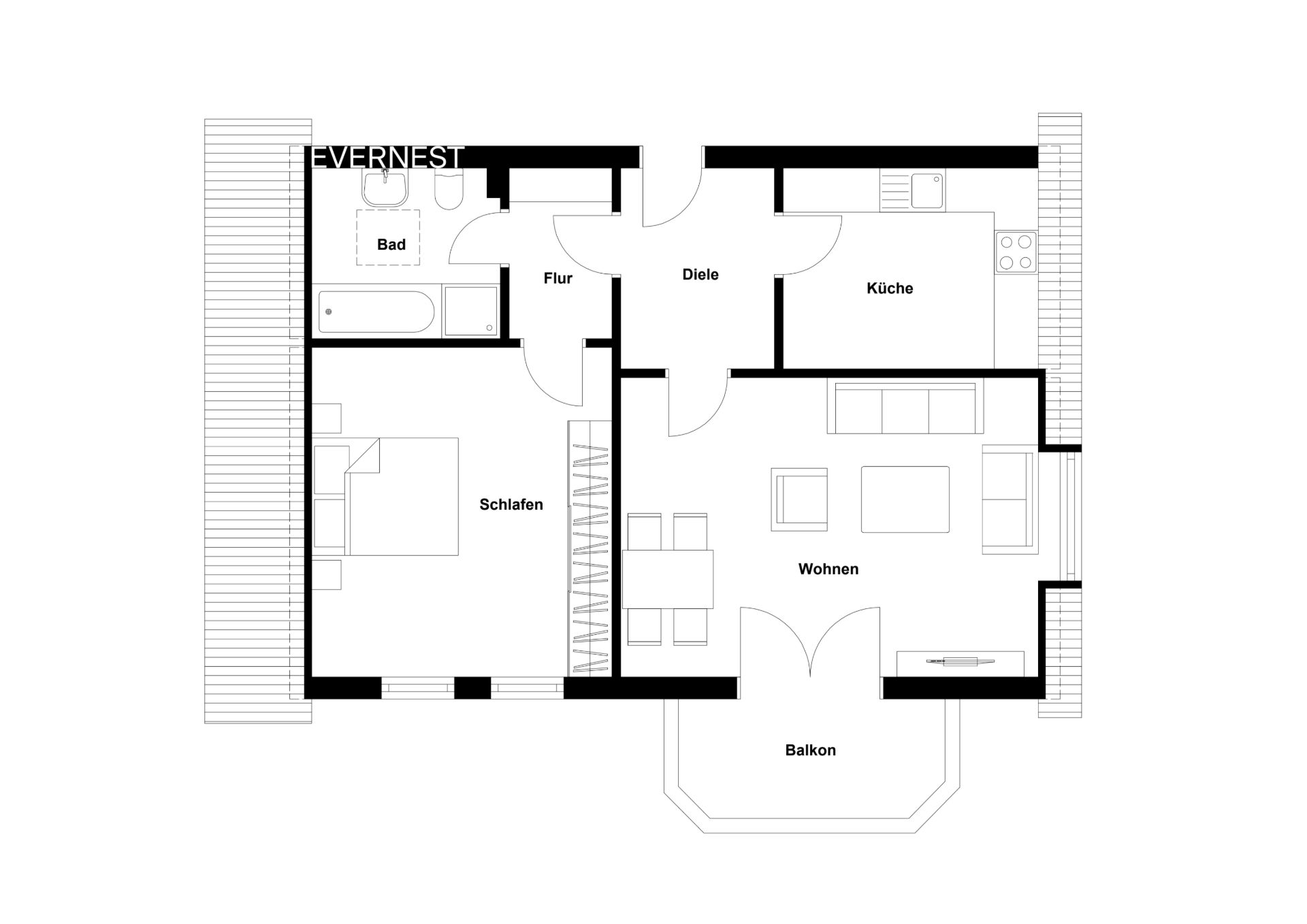 Grundriss einer Wohnung mit Schlaf-, Wohn-, Badezimmer, Küche, Flur und Balkon.