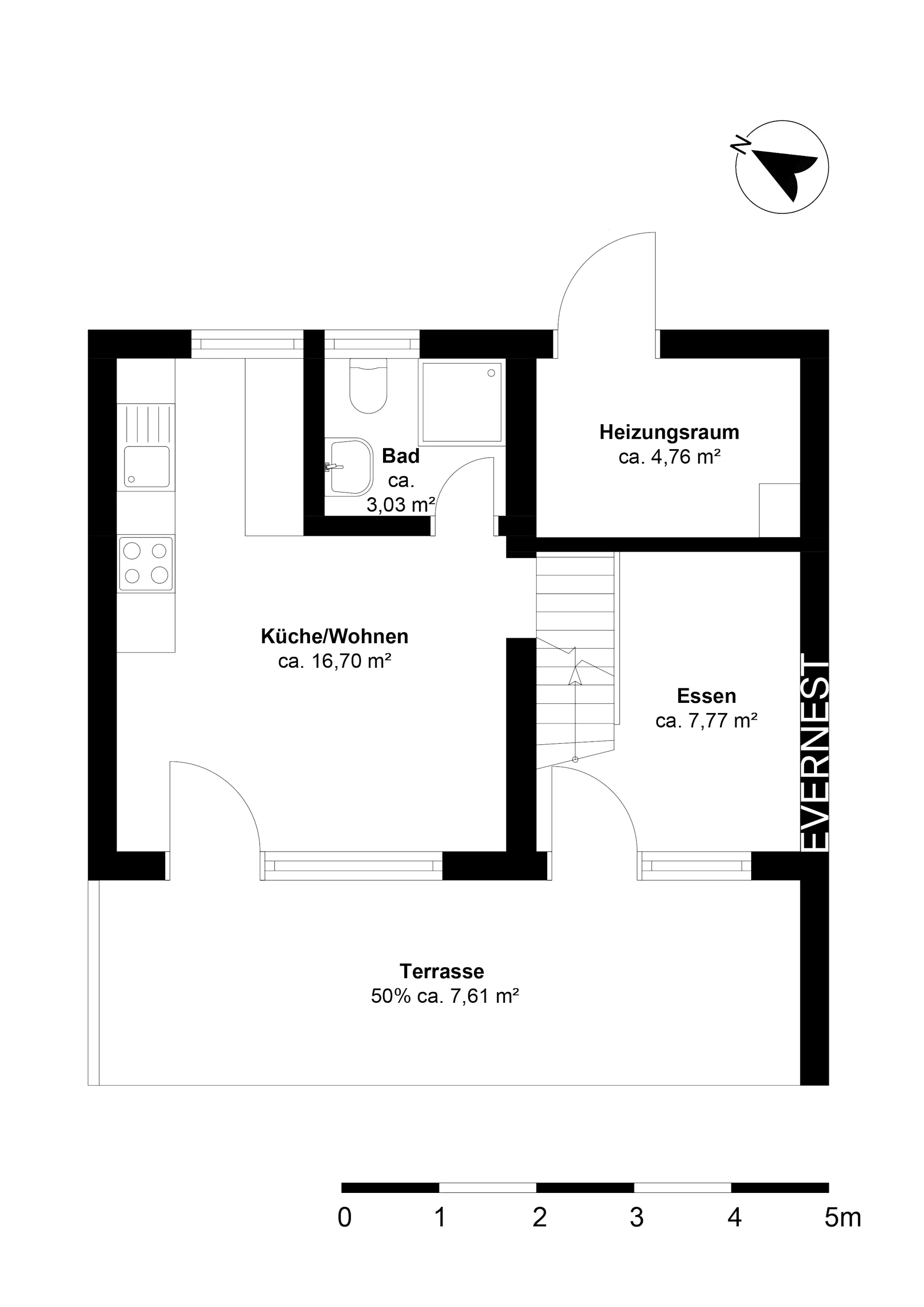 Grundriss einer Wohnung mit Küche/Wohnen, Bad, Heizungsraum, Essbereich und Terrasse.