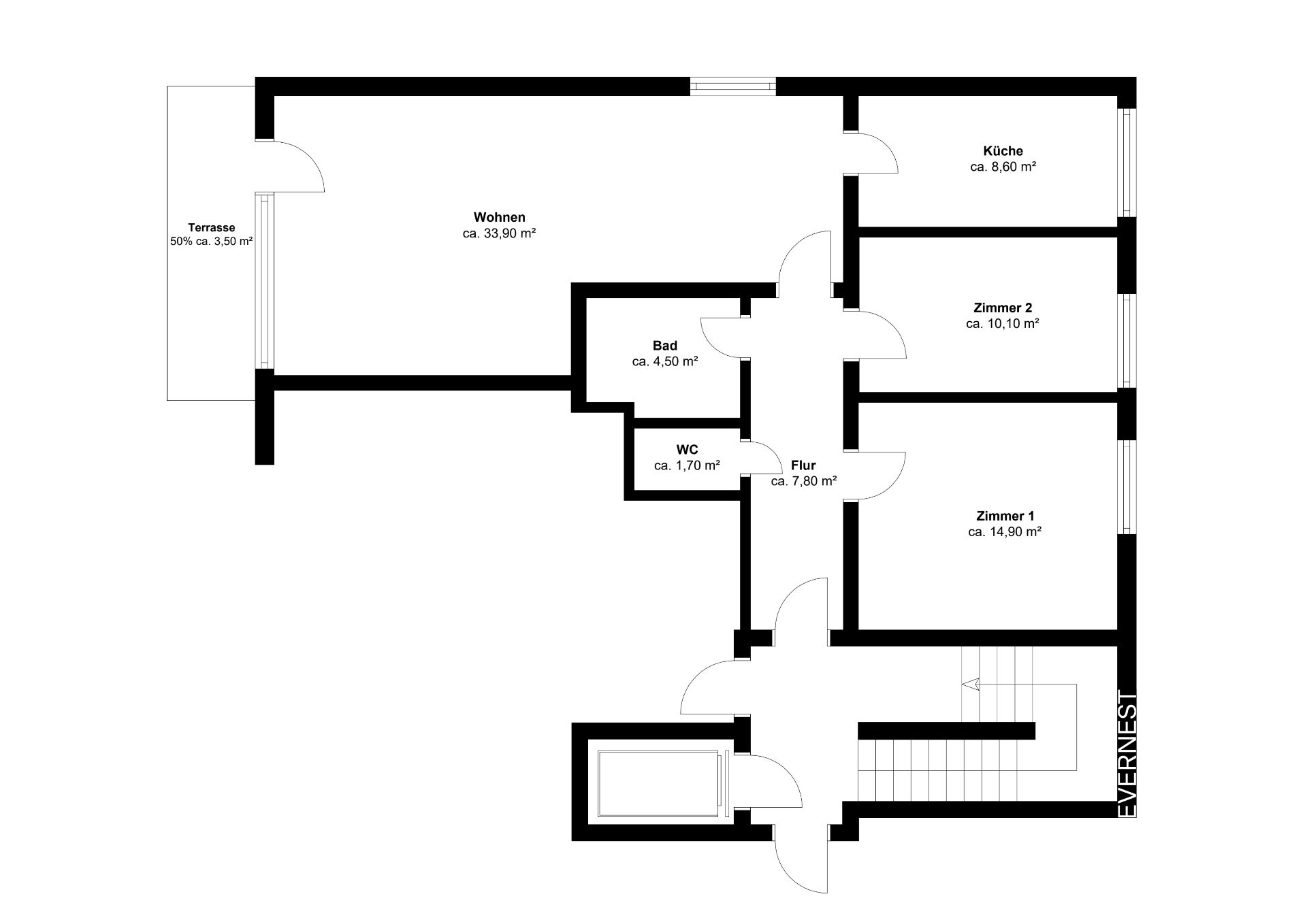 Grundriss einer Wohnung mit Wohnzimmer, Küche, Bad, WC, Flur, zwei Zimmern und Terrasse.