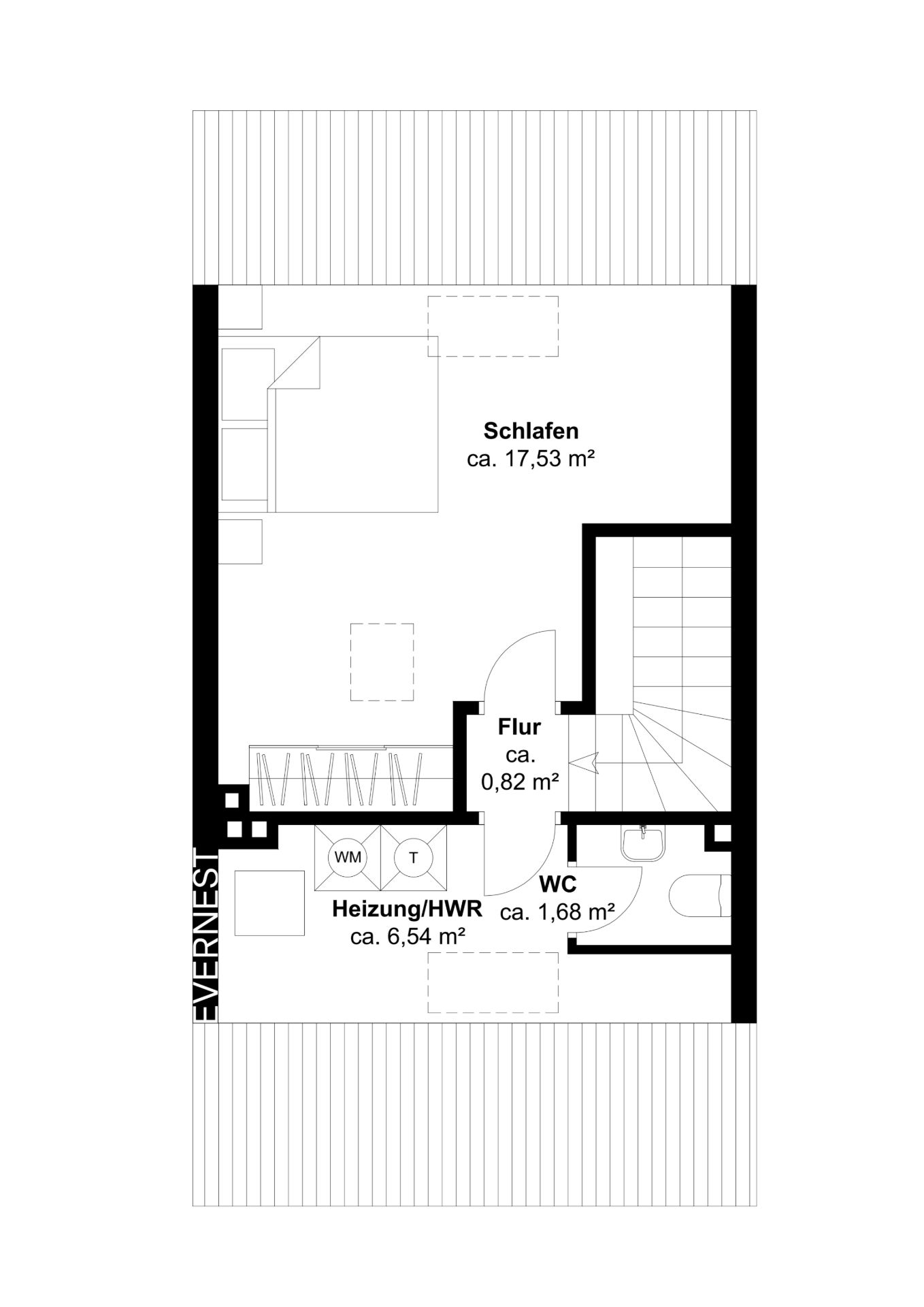 Grundriss mit Schlafzimmer, Flur, WC und Heizungsraum auf einer Etage.