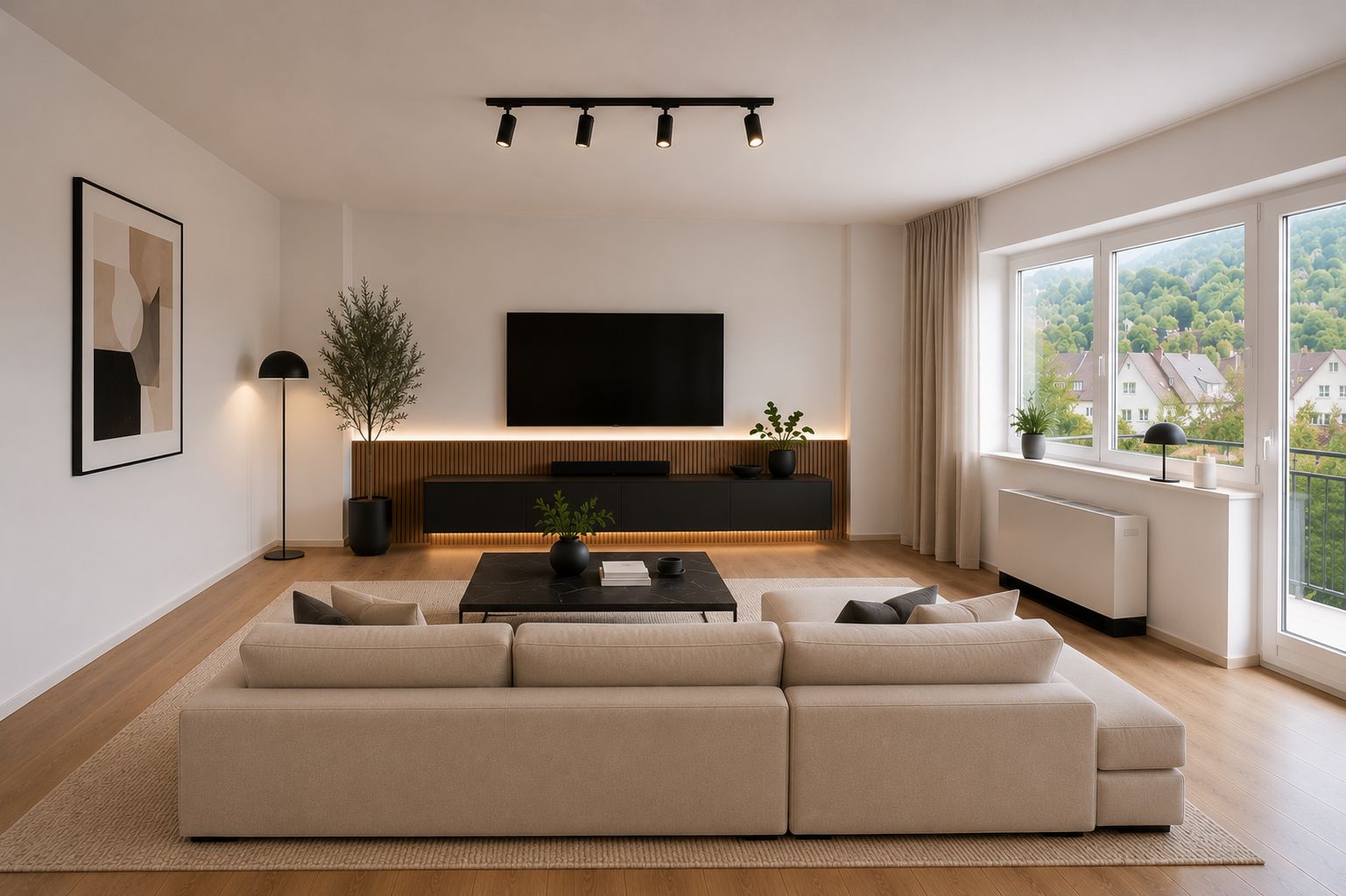 Modernes Wohnzimmer mit heller Couch, Wand-TV, großen Fenstern und Pflanzen.