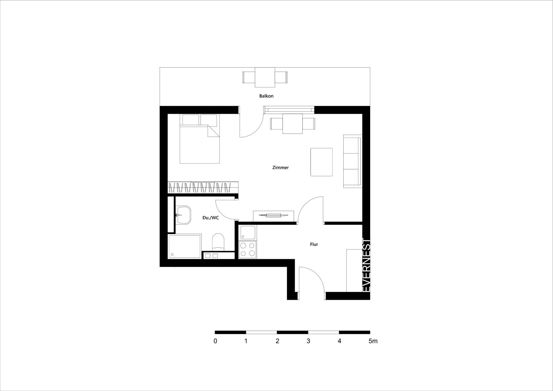Grundriss einer Wohnung mit Balkon, Zimmer, Flur, Küche und Bad.