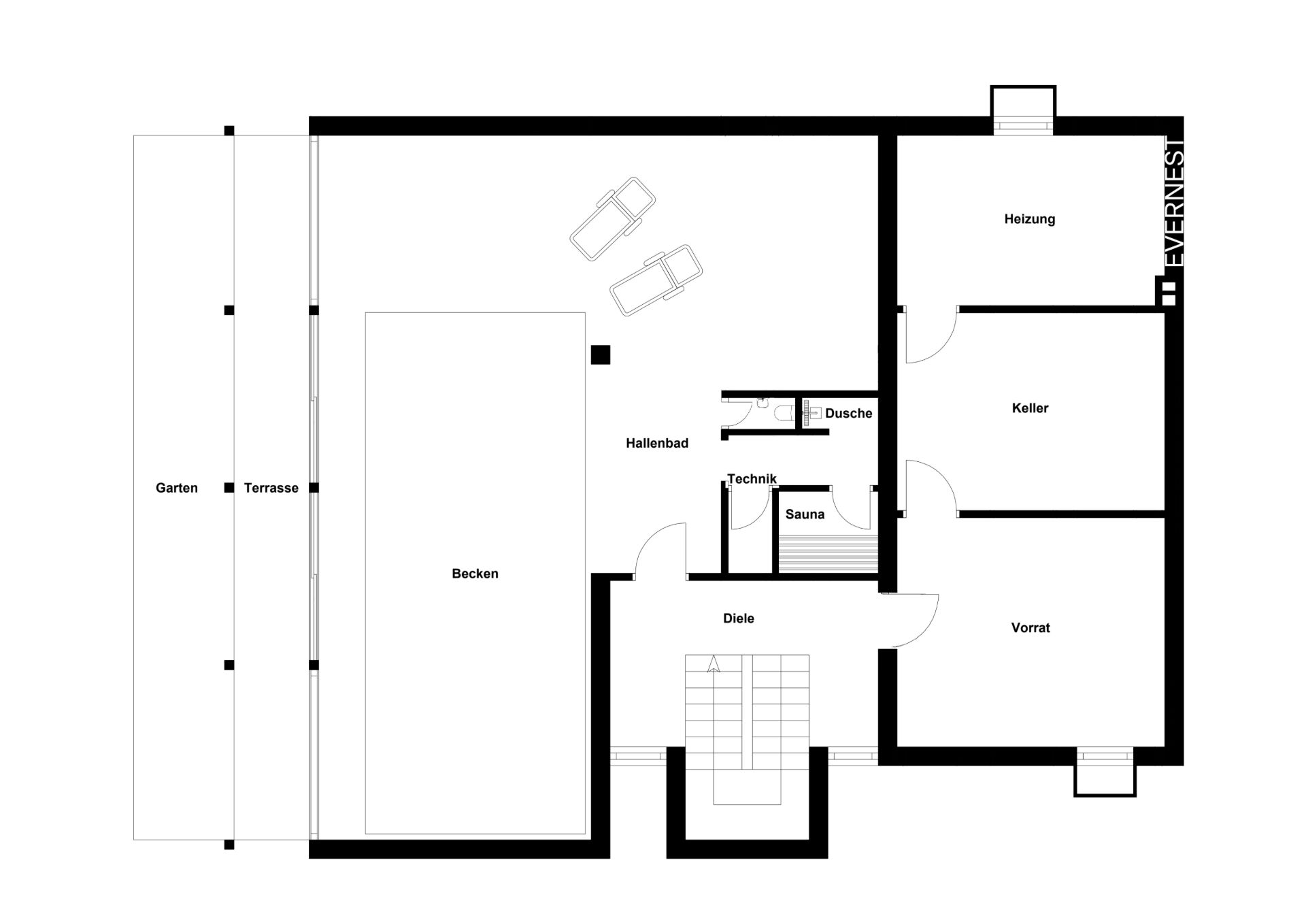 Grundriss mit Schwimmbad, Sauna, Technikraum, Keller, Heizungsraum und Vorratsraum.