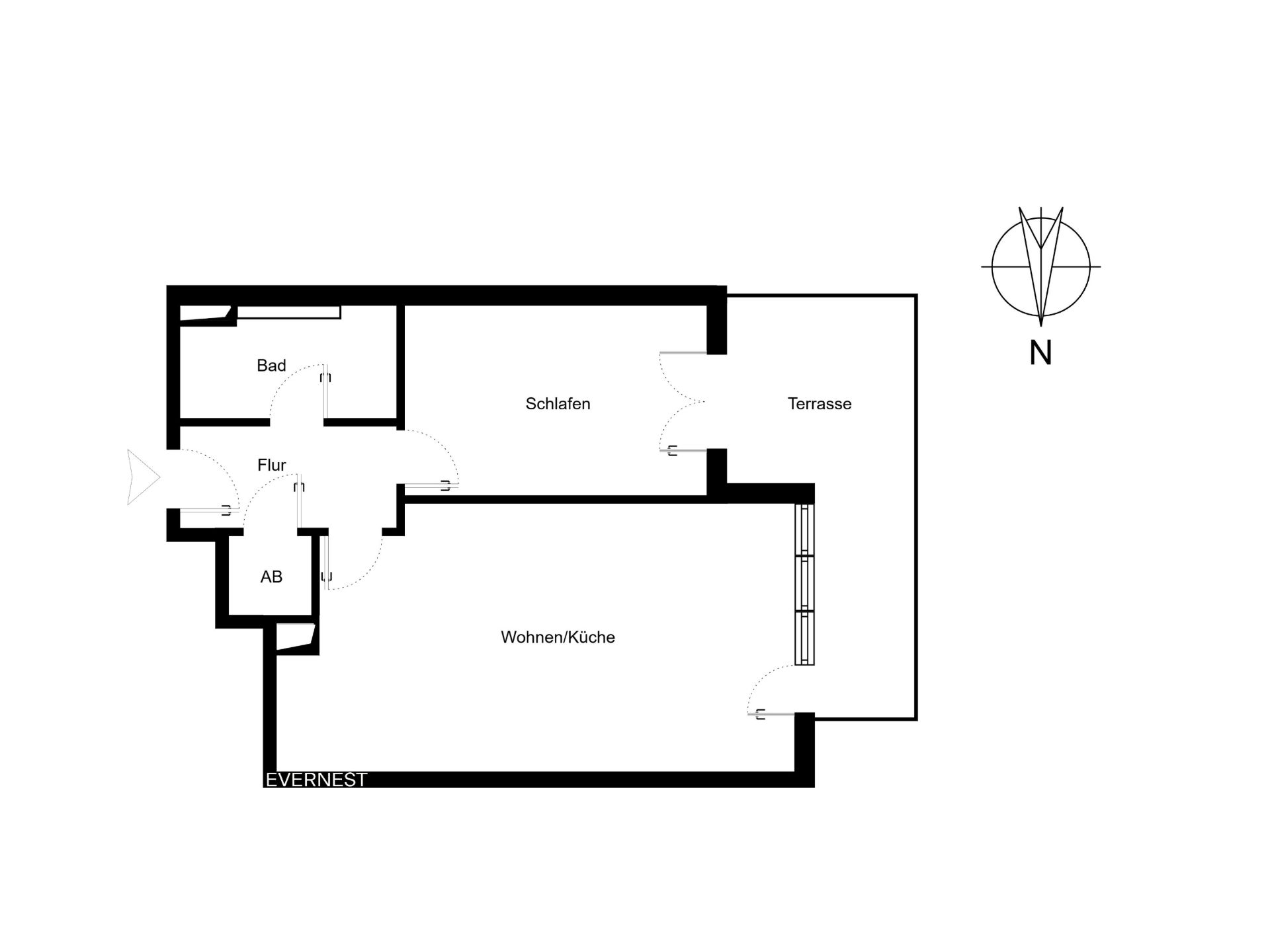 Grundriss einer Wohnung mit Wohnzimmer, Schlafzimmer, Bad, Flur, Abstellraum und Terrasse.