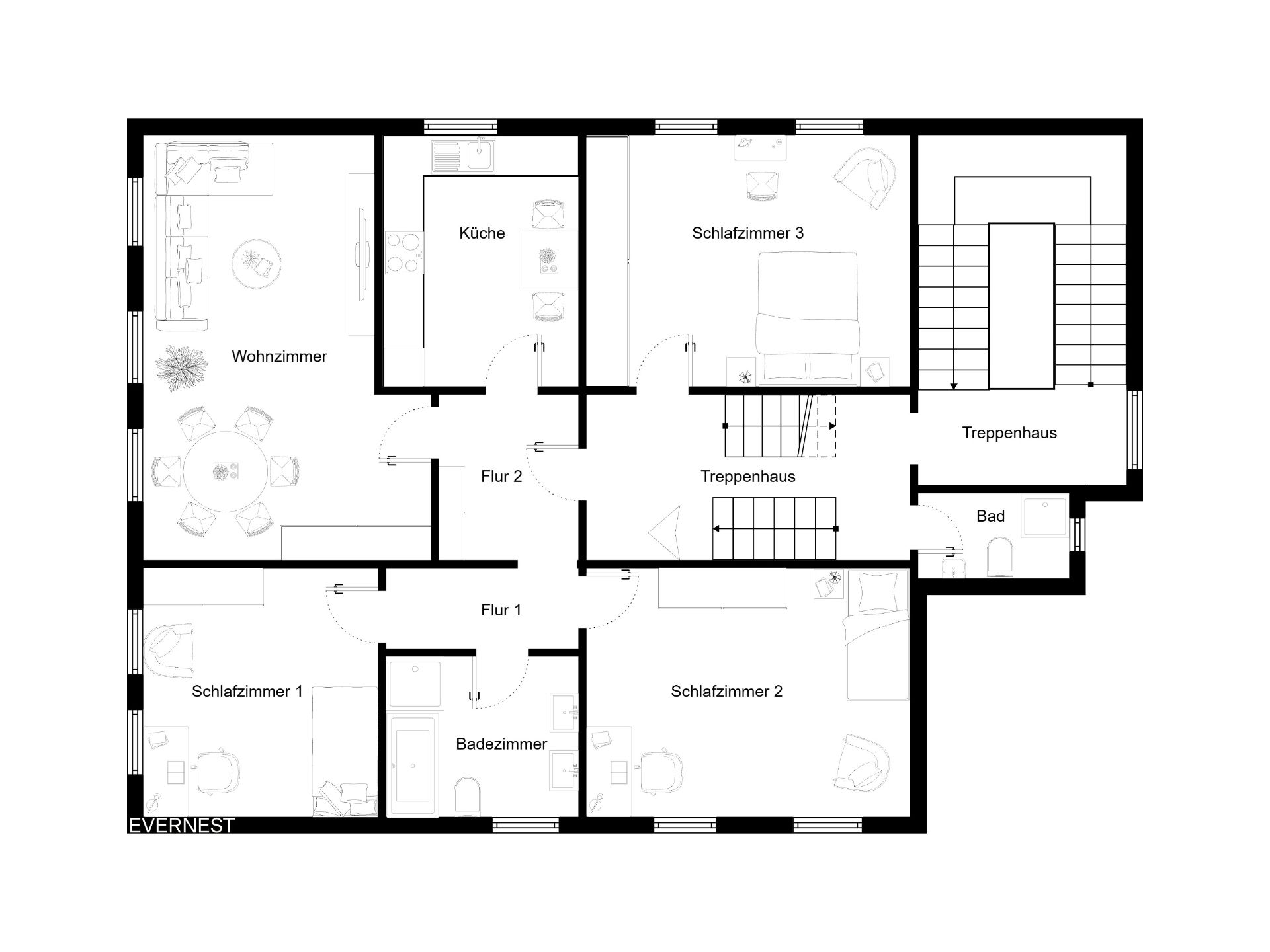 Grundriss einer Wohnung mit drei Schlafzimmern, Wohnzimmer, Küche, zwei Bädern und Fluren.