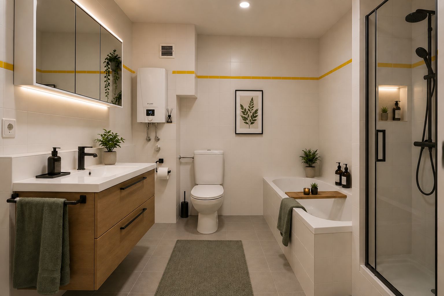 Modernes Badezimmer mit Dusche, Badewanne, Waschbecken und Toilette, Pflanzen und Wandbild.