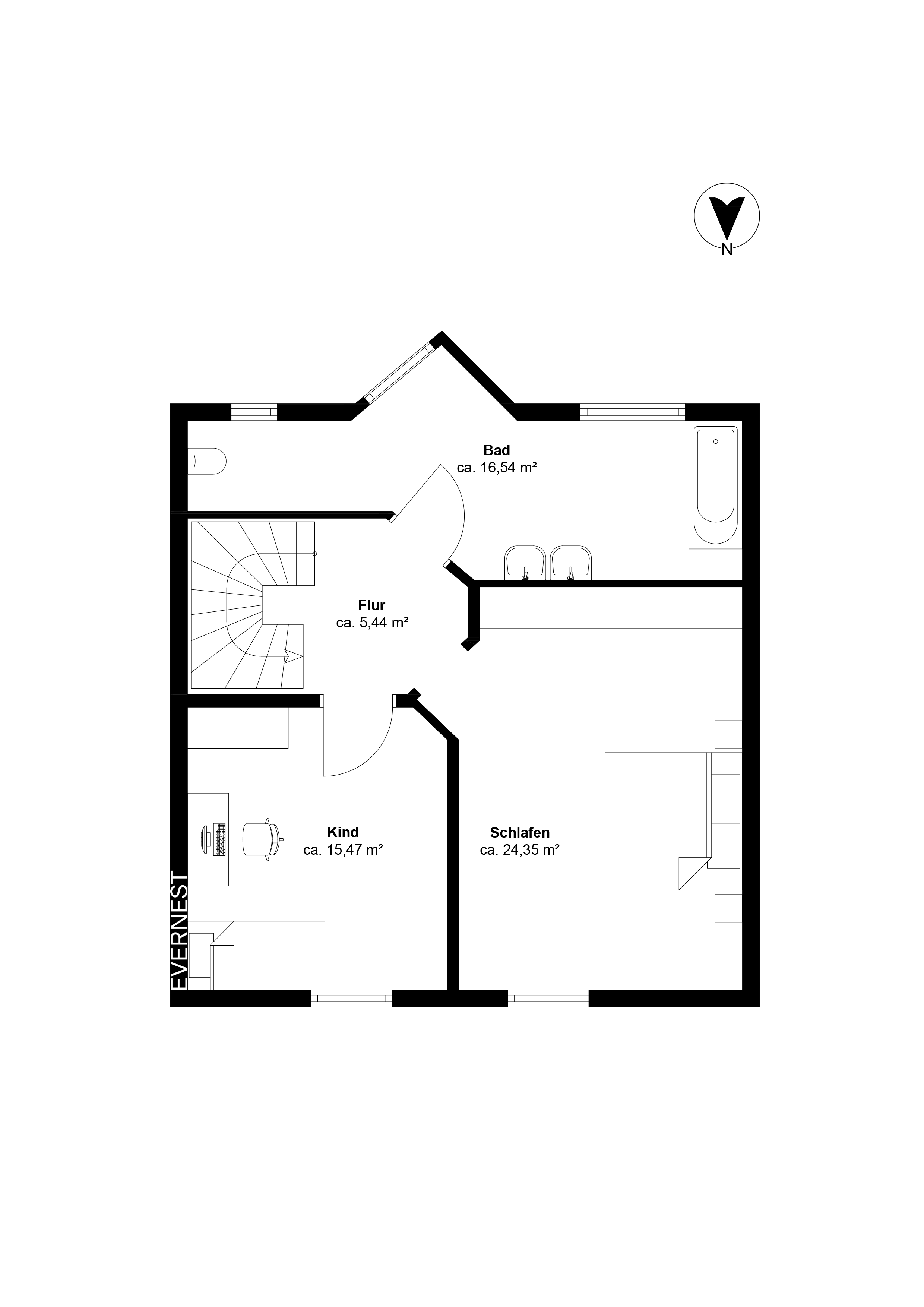 Grundriss mit Flur, Bad, Kinderzimmer und Schlafzimmer, alle Räume sind beschriftet.