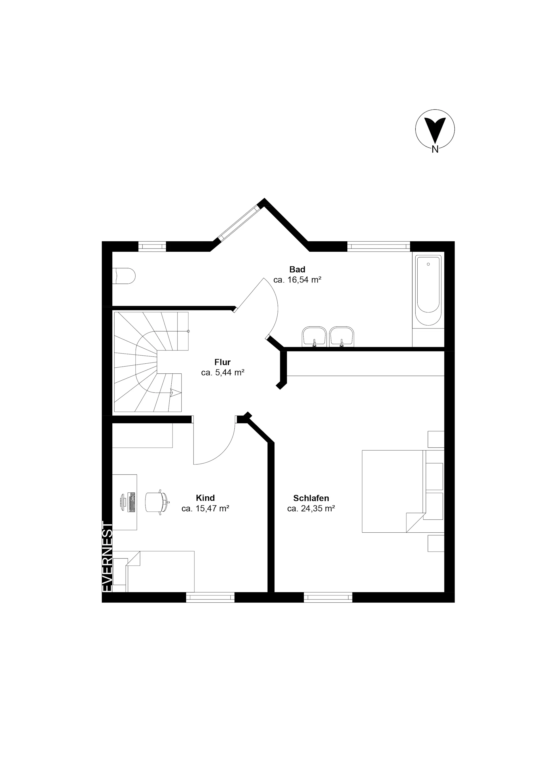 Grundriss mit Flur, Bad, Kinderzimmer und Schlafzimmer, alle Räume sind beschriftet.