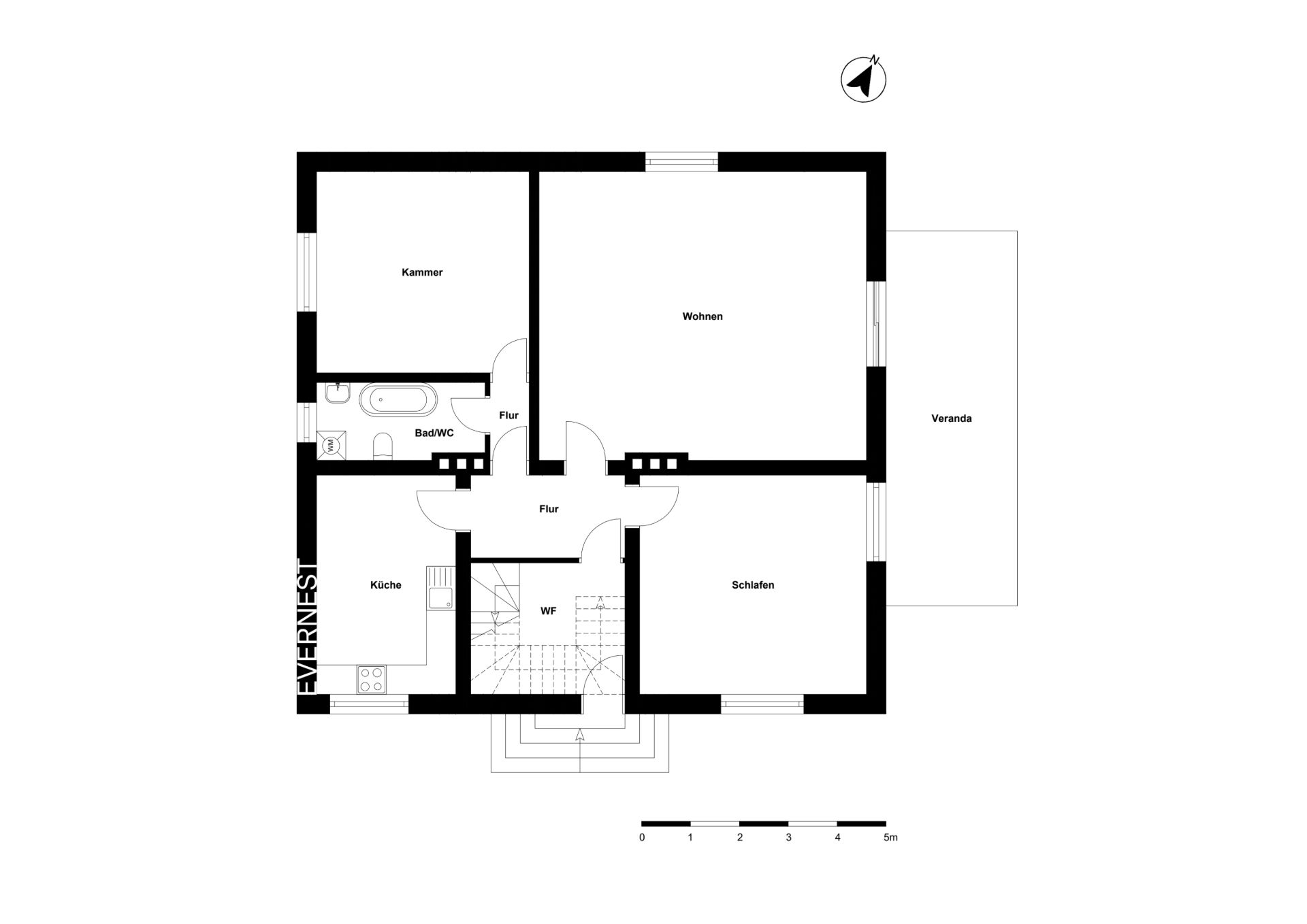 Grundriss einer Wohnung mit Küche, Bad, Kammer, Wohnzimmer, Schlafzimmer und Veranda.