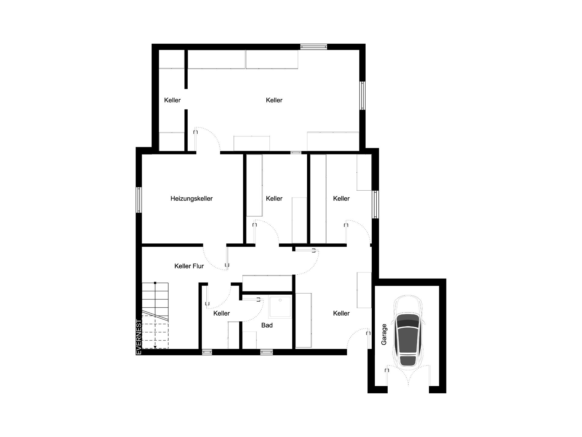 Grundriss eines Kellers mit mehreren Kellerräumen, Heizungsraum, Bad und Garage mit Auto.