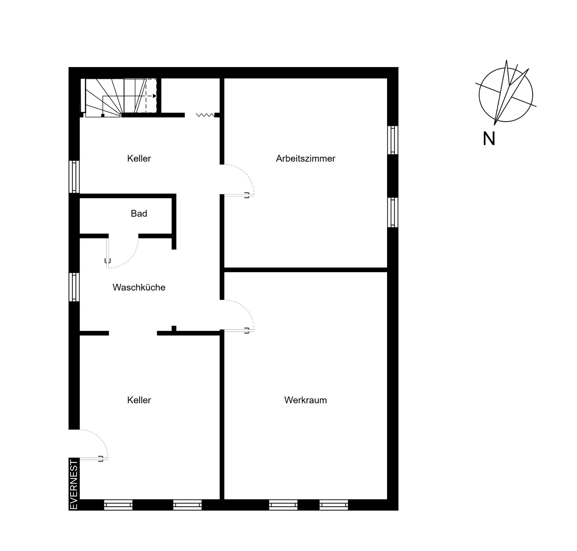 Grundriss mit Keller, Waschküche, Bad, Arbeitszimmer und Werkraum, Nordrichtung angegeben.