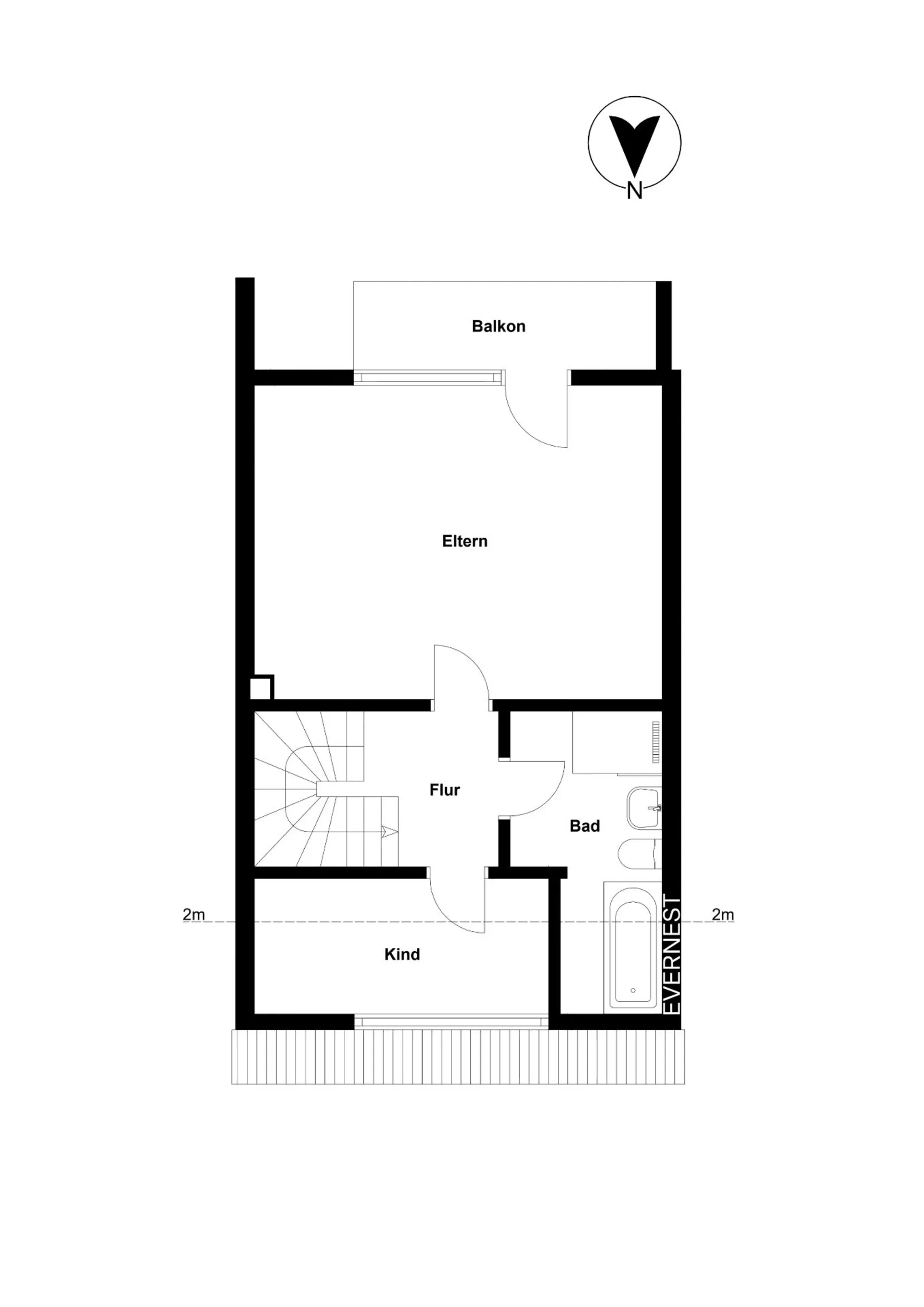 Grundriss einer Etage mit Elternzimmer, Kinderzimmer, Bad, Flur und Balkon.