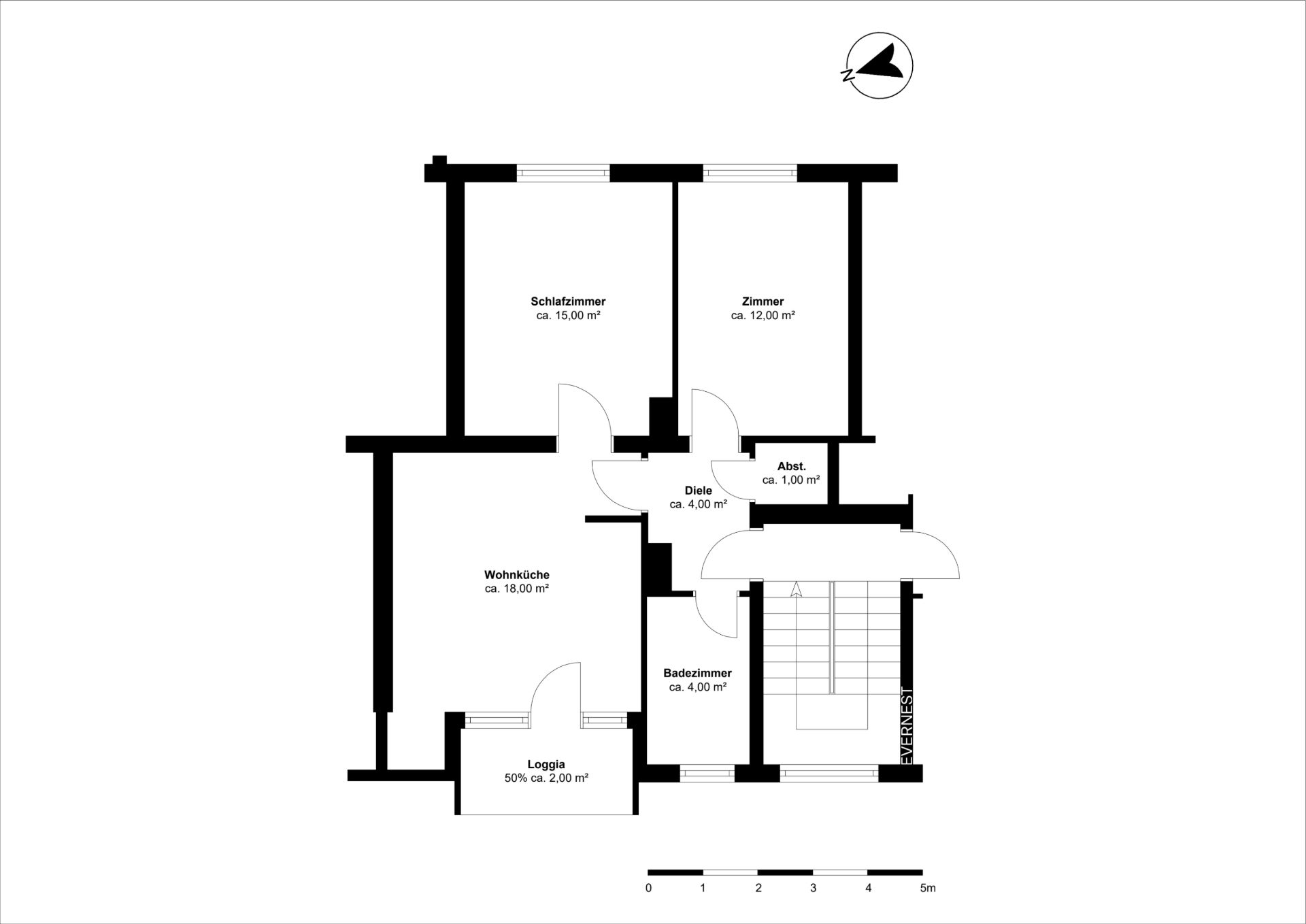 Grundriss einer Wohnung mit Schlafzimmer, Zimmer, Wohnküche, Bad, Diele, Abstellraum und Loggia.