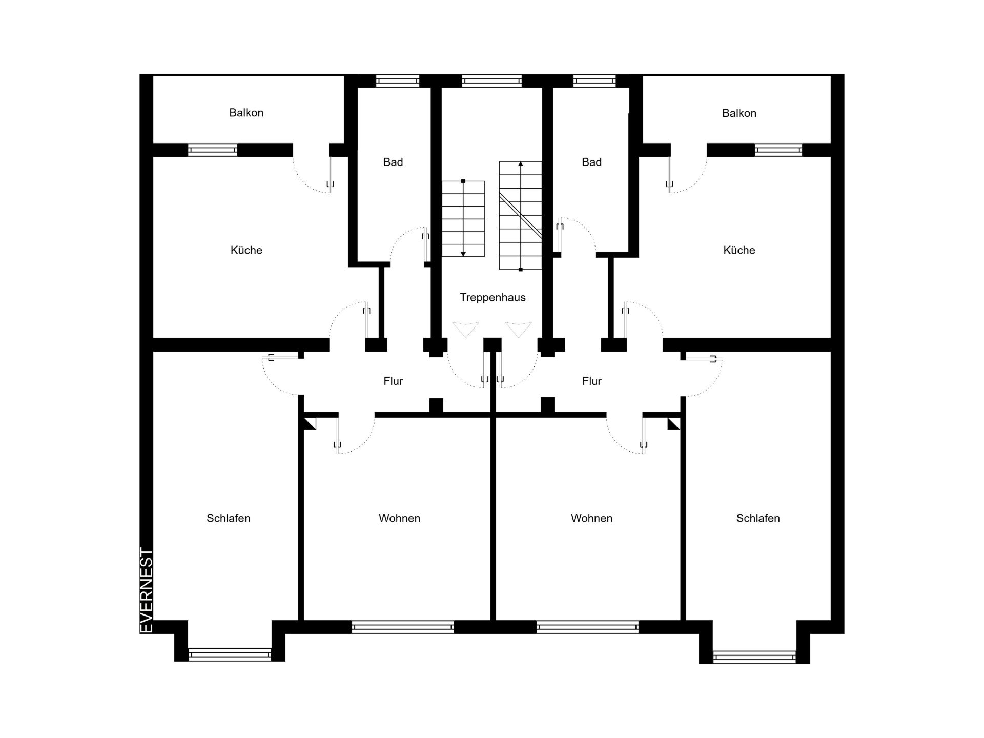 Grundriss mit zwei Wohnungen, jeweils mit Balkon, Küche, Bad, Flur, Wohn- und Schlafzimmer.