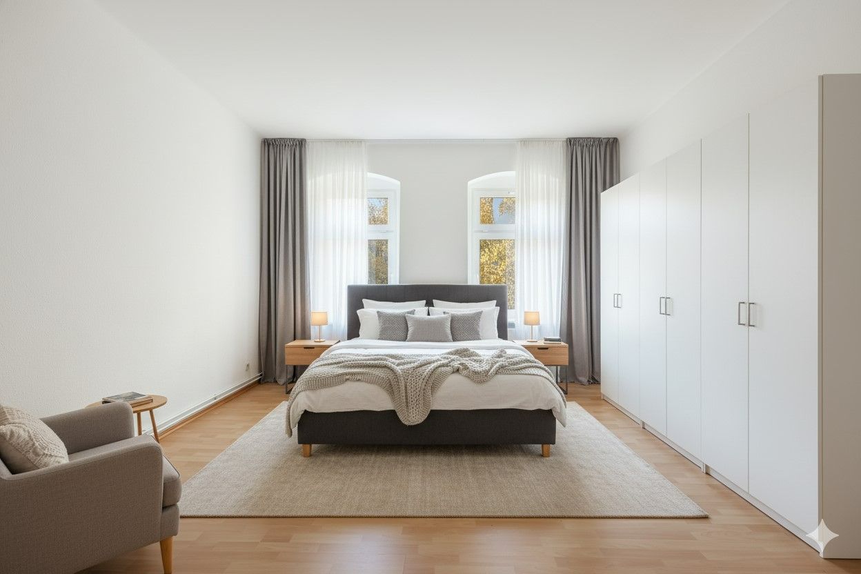 Helles Schlafzimmer mit Doppelbett, zwei Fenstern, Kleiderschrank und Sessel auf Holzfußboden.