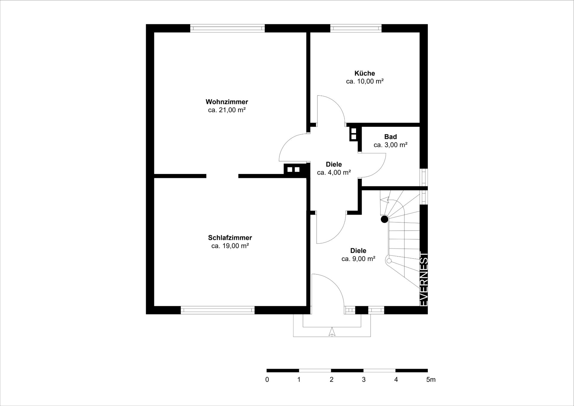 Grundriss zeigt Wohnzimmer, Schlafzimmer, Küche, Bad und zwei Dielen mit Flur und Treppe.