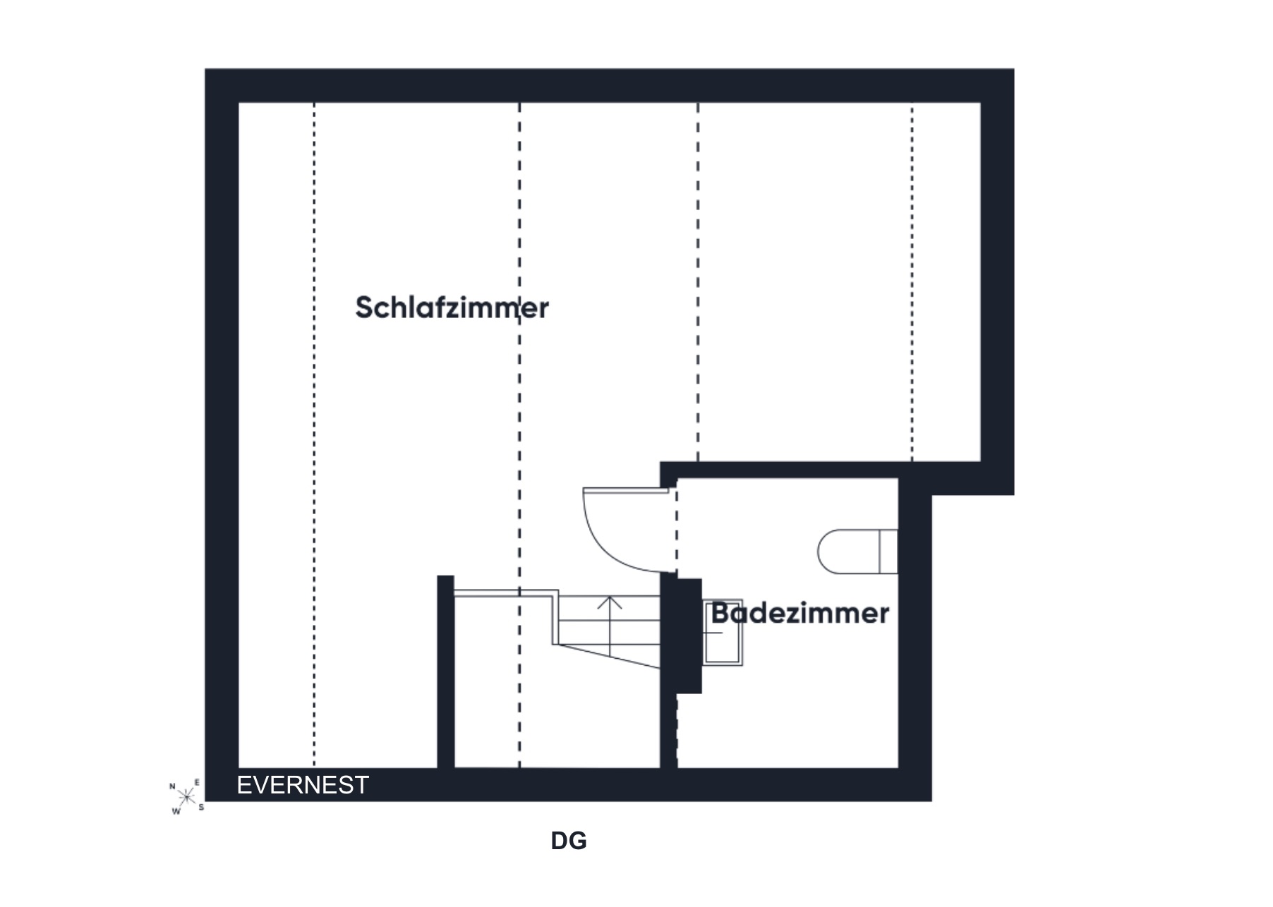 Grundriss mit Schlafzimmer, Badezimmer und Treppenaufgang im Dachgeschoss.